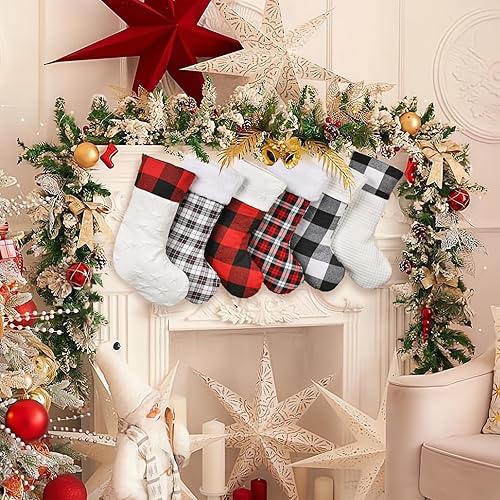 Miniatura 5 de Juego de 6 medias de Navidad a cuadros de búfalo, medias de Navidad grandes tradicionales rojas y negras, medias de Navidad únicas para repisa,