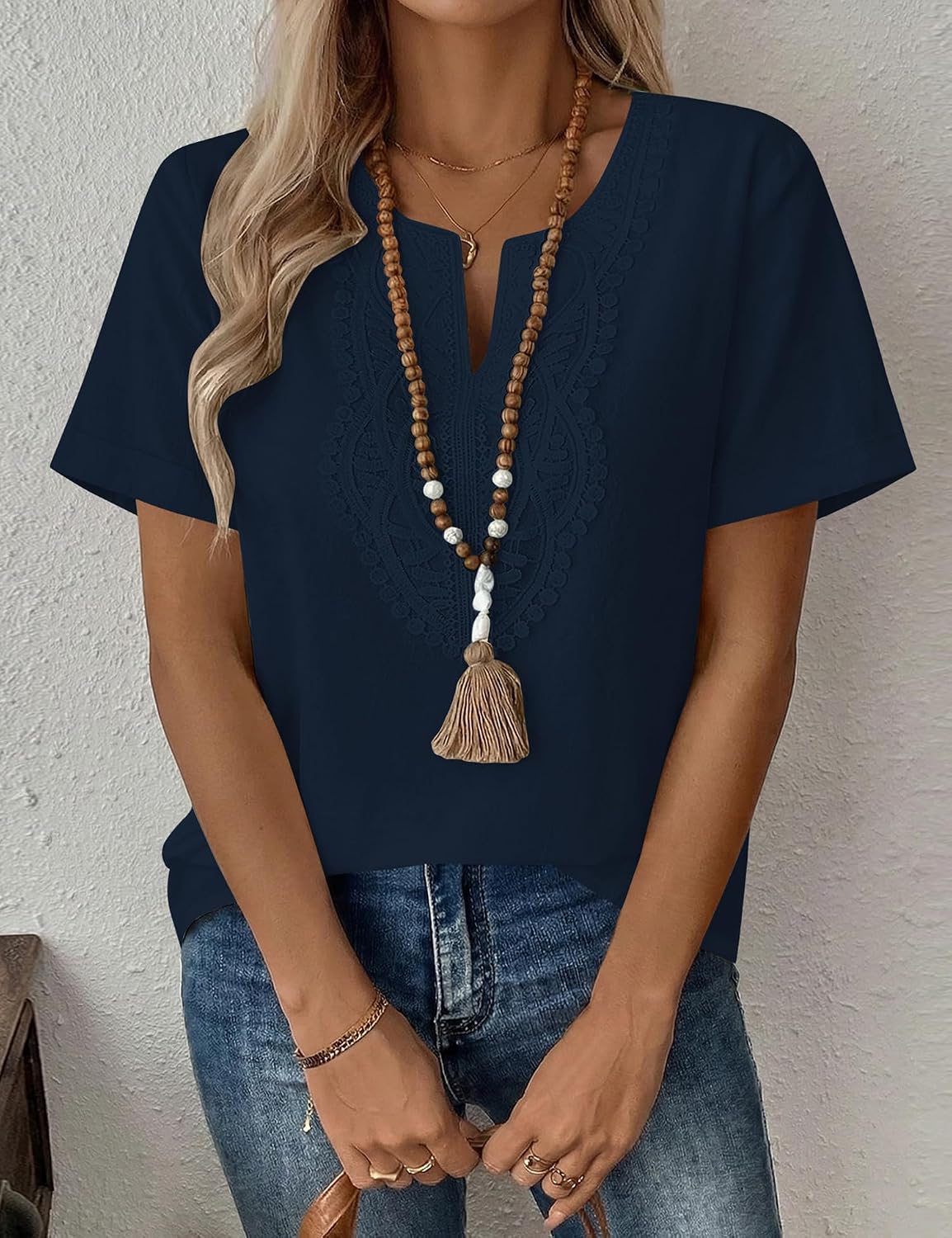 LOMON Womens Short Sleeve Tops Cotton Linen Shirts Loose Casual V Neck Lace Blouses Summer Vacation Clothes
