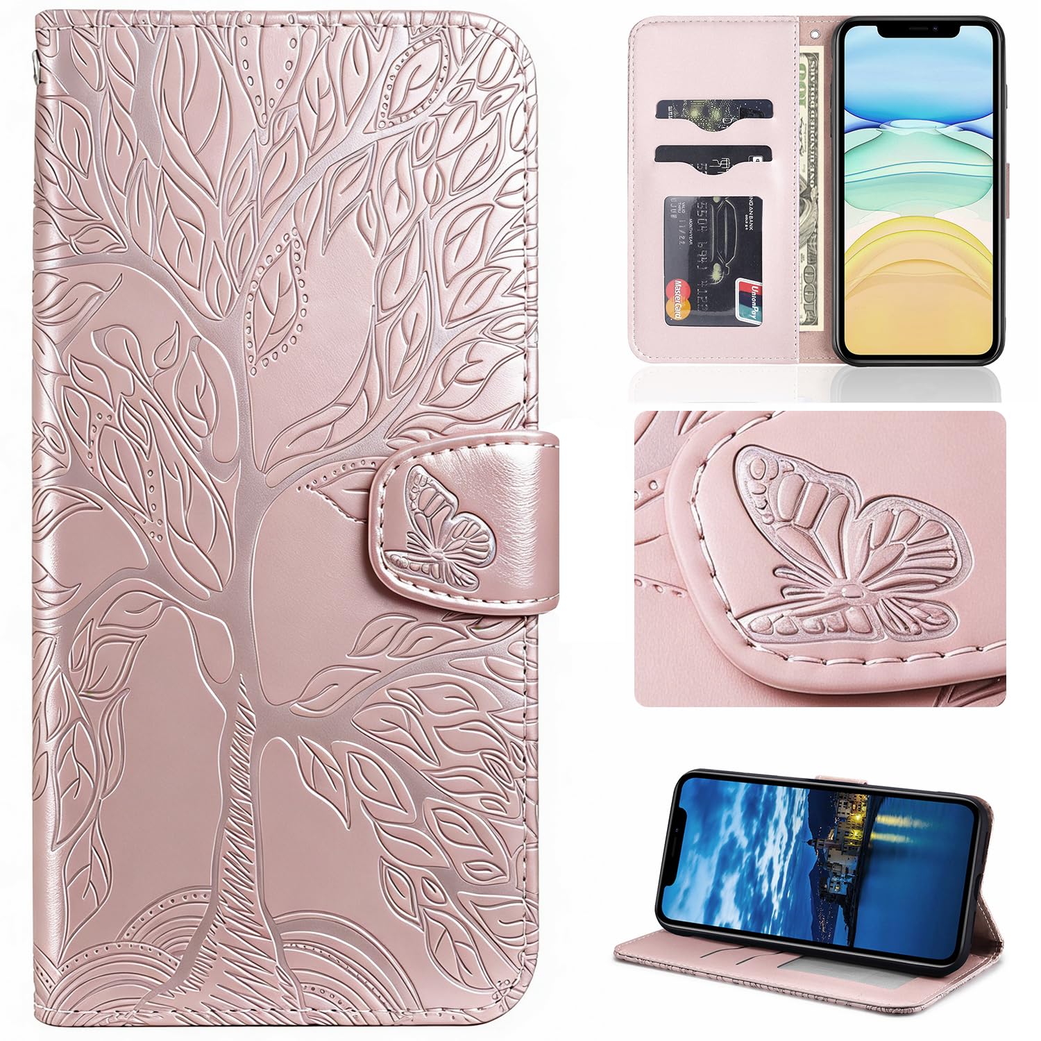 Aisenth Handyhülle für iPhone XR, Baum Muster Leder Handytasche Brieftasche Klapphülle Etui Wallet Flip Case Schutz Hülle mit TPU innen Schale, Kartenfächer, Aufstellfunktion -Rosa