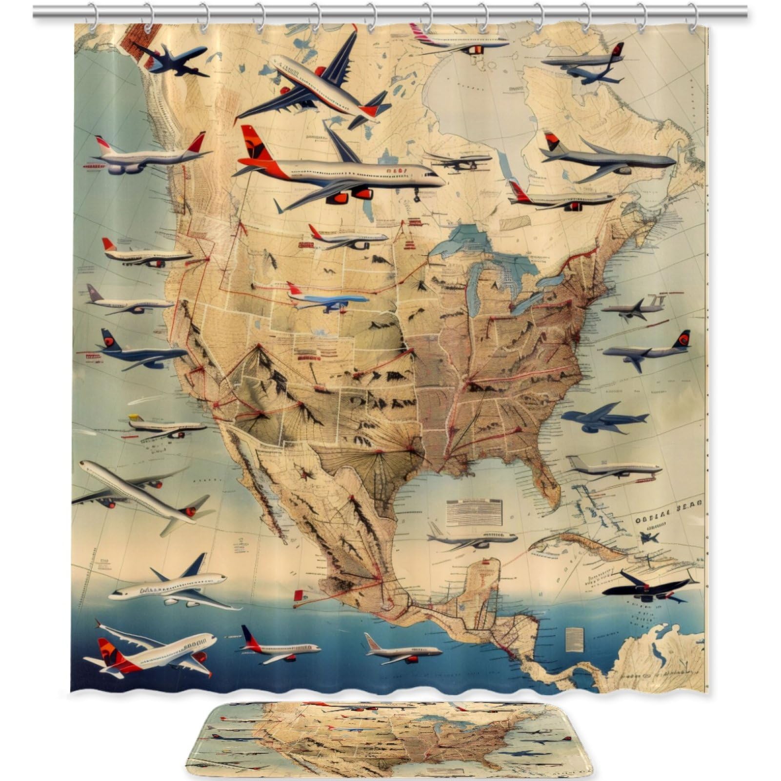 Anna Cowper Airlines Fleet Map Shower Curtain Sets, Shower Curtains for Bathroom, Waterproof Fabric Shower Curtain 71x71 inch with Hooks