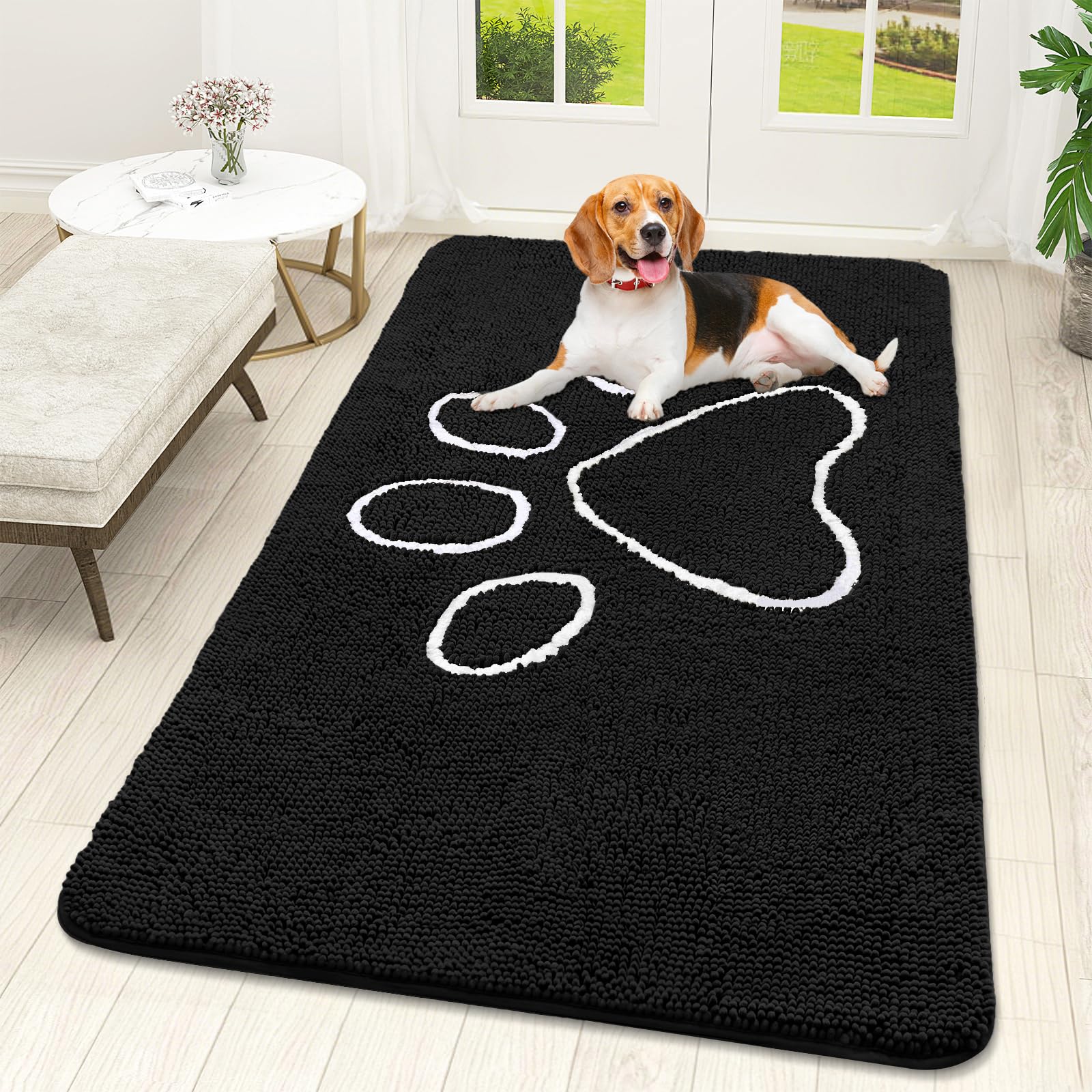 OLANLY Dog Door Mat for Muddy Paws 59x32, Paw Print Design Chenille Mud Mat