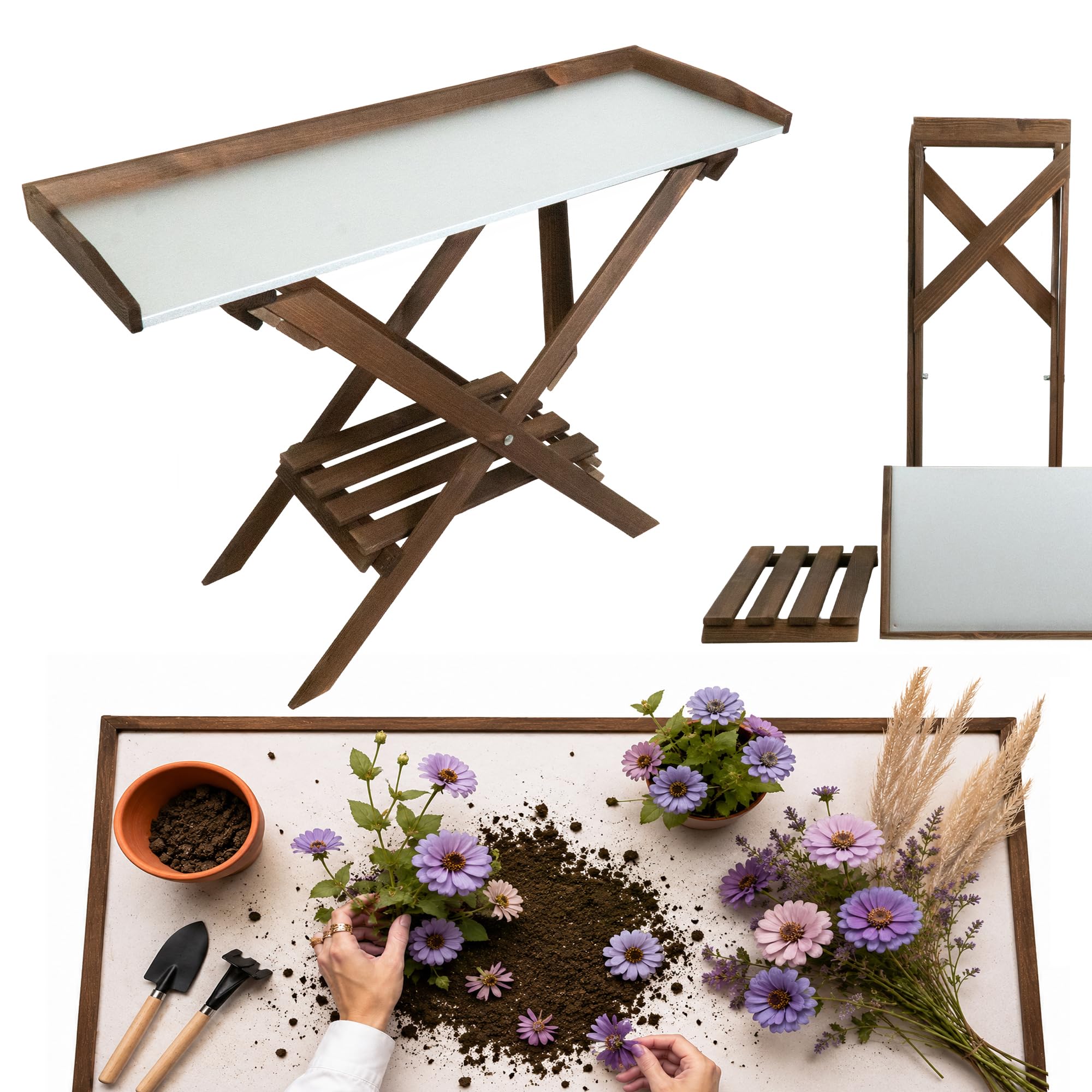 BOGATECO Pflanztisch 118 x 84 x 38cm mit Arbeitsplatte aus Metall | Klapptisch imprägnierter Blumentisch Outdoor Gärtnertisch mit Regal Gartenarbeitstisch Wetterfest