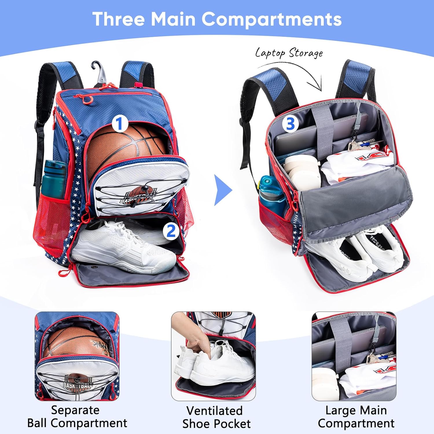 Basketball Backpack with Ball & Shoes Compartment - 30L Capacity Sports Bag, Basketball Accessories Bag Lightweight Breathable for Boys Grils