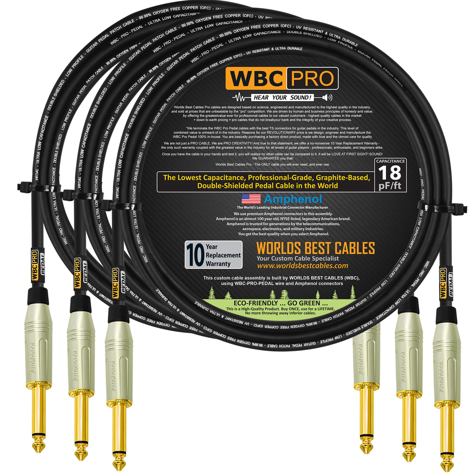 3 unidades – 6 pies – Pedal WBC-PRO-– 22 AWG – Tapa baja (18 pF/pies) – Grado profesional – Basado en grafito – Pedal de doble blindaje, efectos, parche, cable de instrumento y conectores Amphenol