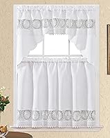 GOHD Daisy Dream Kitchen Cafe Curtains Set - Satin Daisy Embroidery Lace Tiers & Swag for Small Windows (White, 36" Tiers)