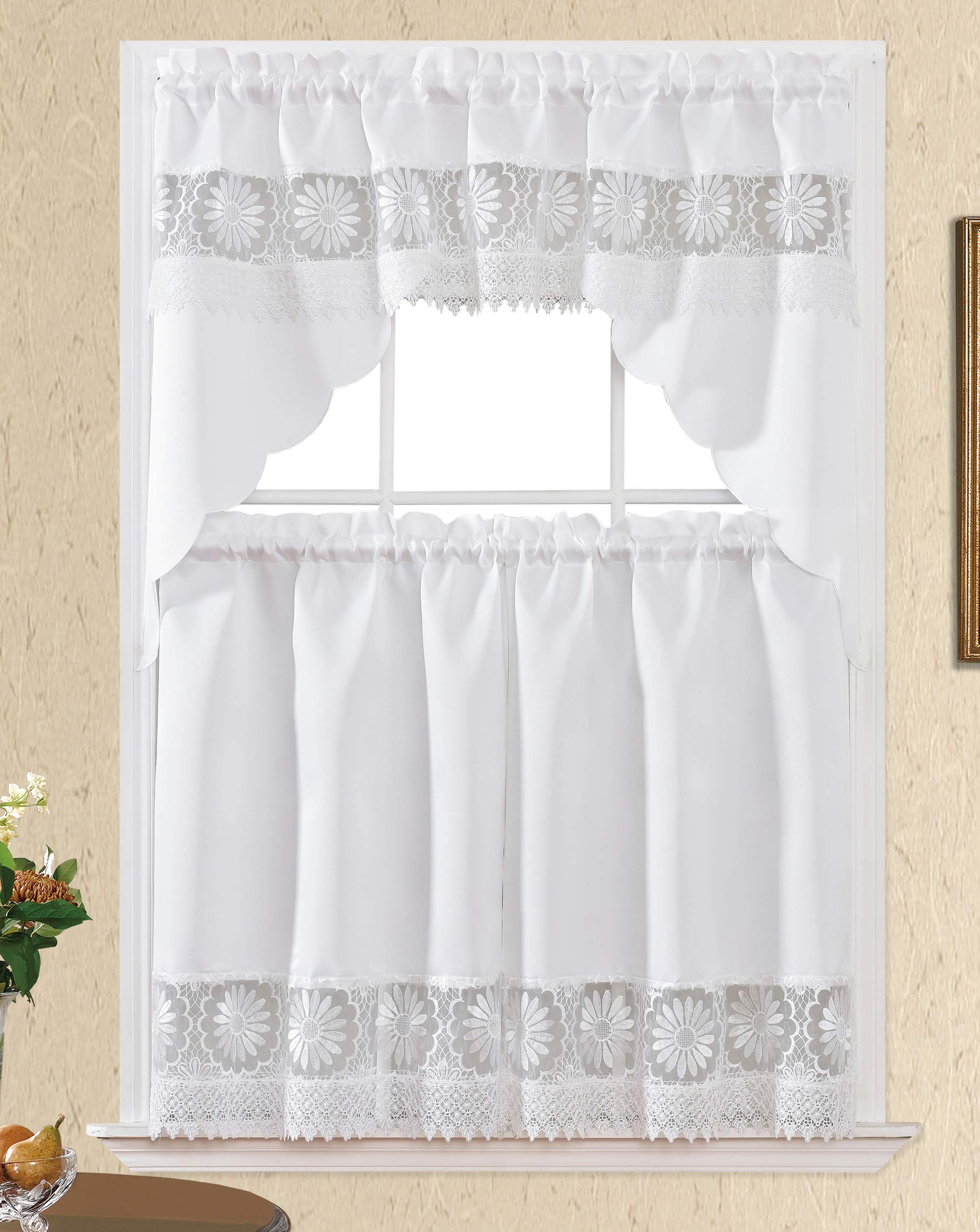 GOHD Daisy Dream. Kitchen Cafe Curtain Set for Small Windows. Satin Fabric with Matching Color Daisy Embroidery and Lace. (White, Swag and 36 inches
