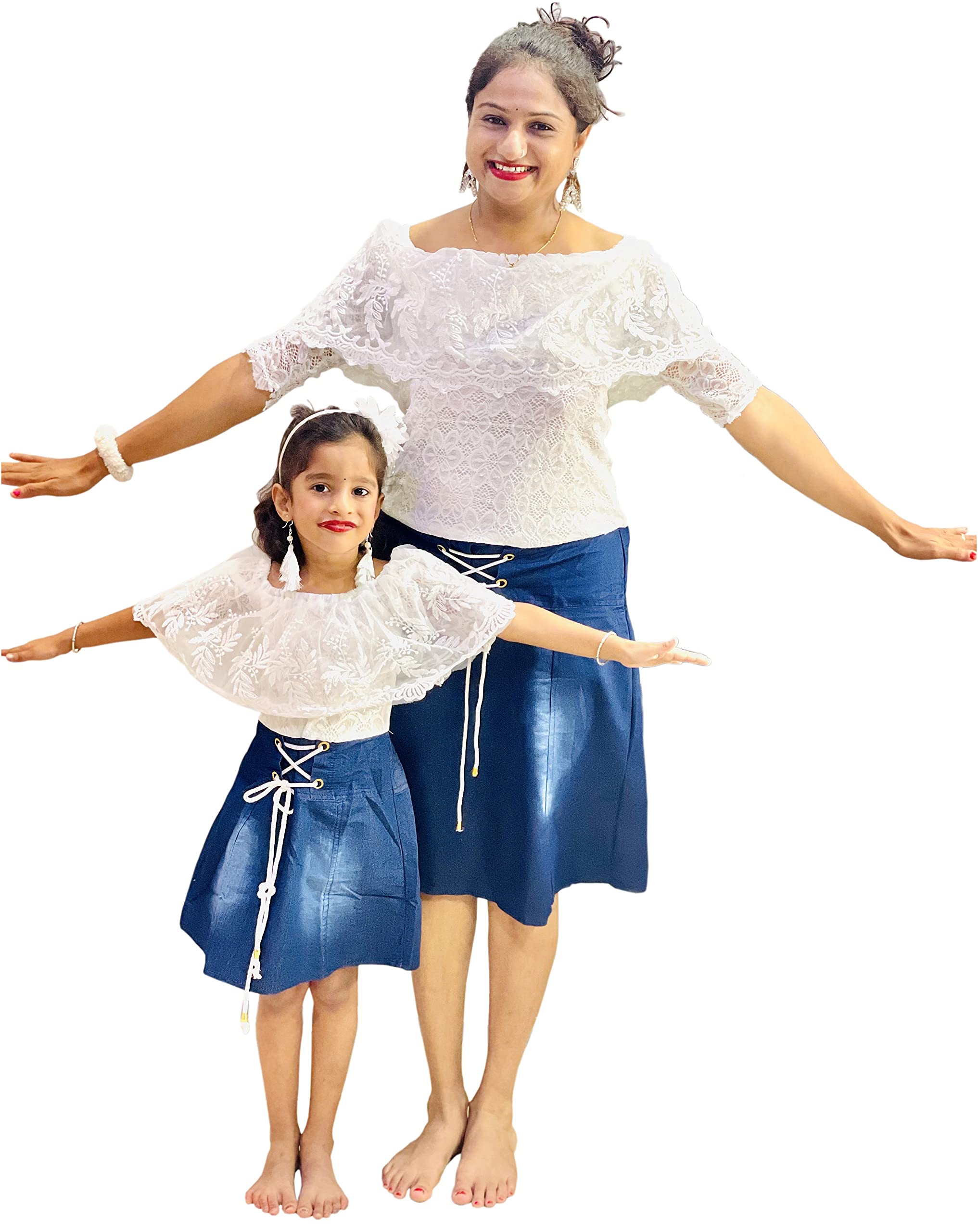 BENKILS Vestido de una pieza para mujer y niña, color blanco y azul, para mamá e hija