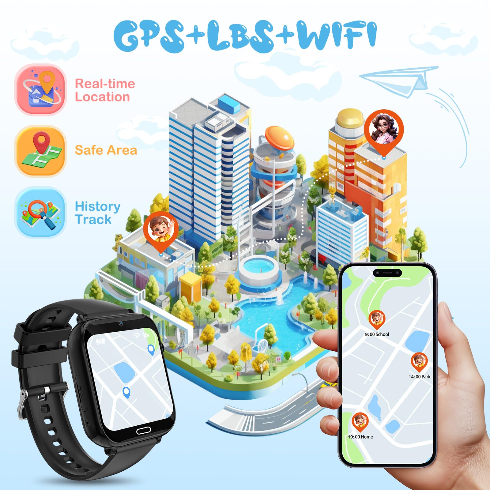 POFIBO Kids Smart Watch Boys Girls, 4G Kids GPS Tracker Watch with Phone, Video Calls, Voice Chat, SOS, Games, Alarm Clock, School Mode, Torch, Smart Watch for Boys Girls 4-16 Years — view 3