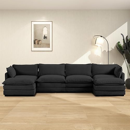 ROWHY 148'' Sectional Cloud Couch with 2 Ottomans, Oversized 4 Seat Sleeper Sofa with 2 Throw Pillows, Convertible Upholstered U Shaped Cozy Sofa Furniture Set for Living Room and Office, Black