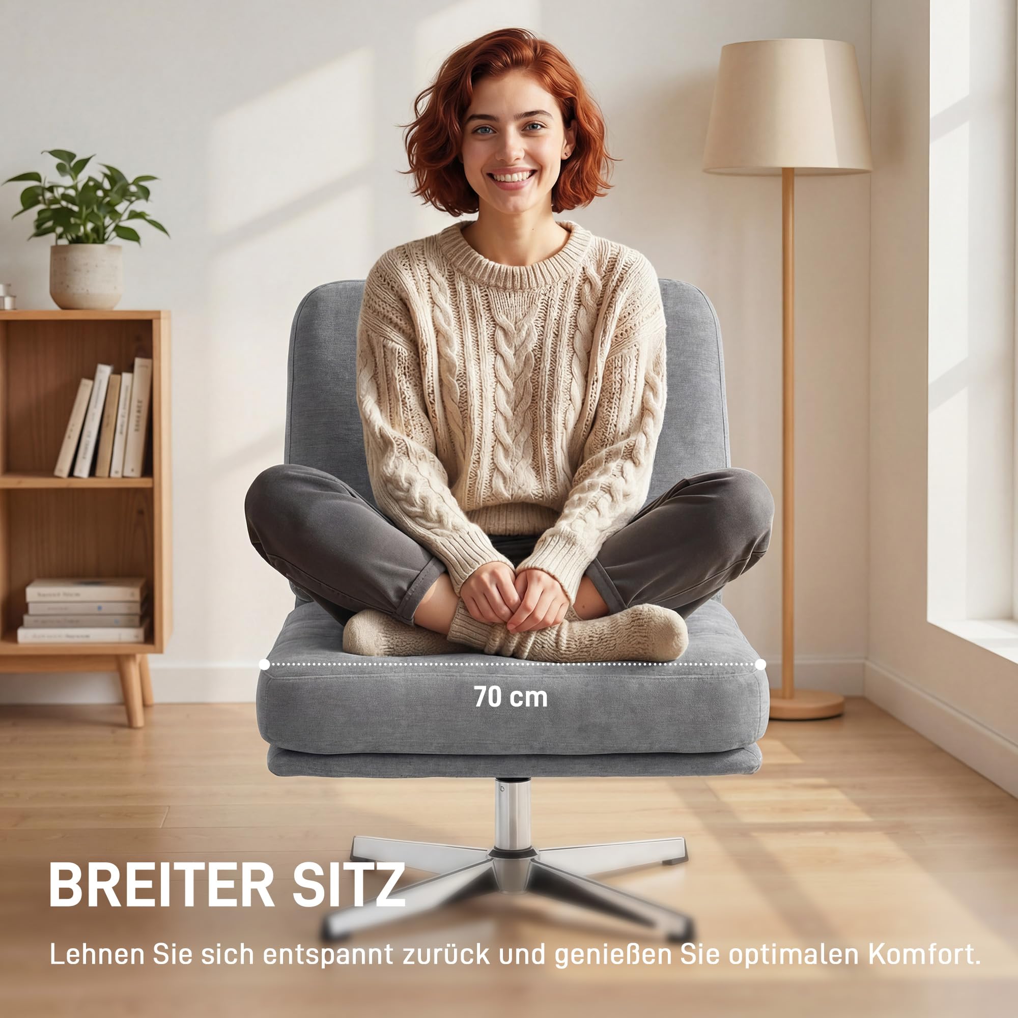 HOMCOM Sessel 360° Drehbarer Loungesessel mit Chenille-Optik, Breiter Sitzfläche, Schneidersitz Polsterstuhl mit Metallbeinen, Gepolstert Relaxsessel Lesesessel für Wohnzimmer, Schlafzimmer, Hellgrau