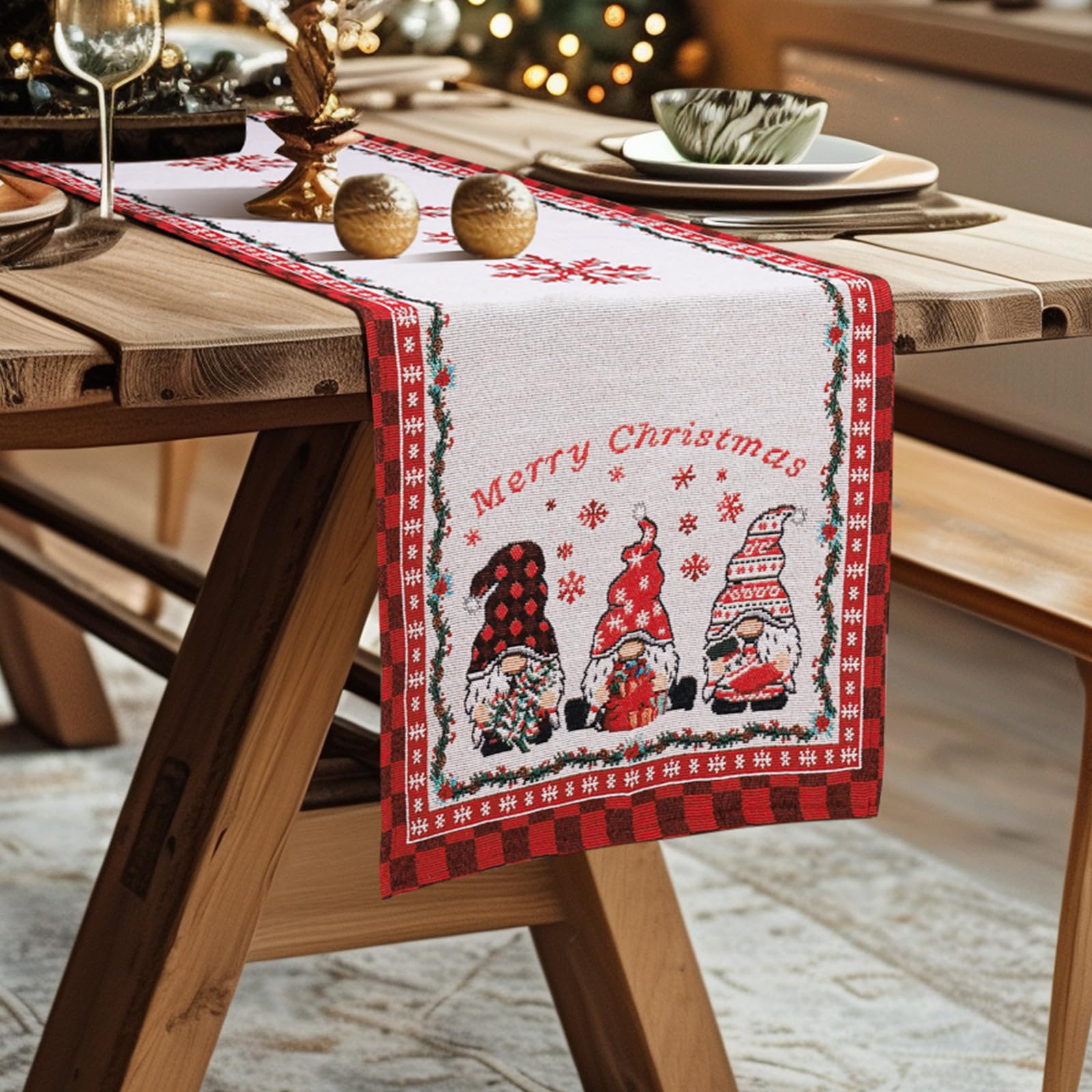 Camino de Mesa de Navidad 35x240cm,Traves de Mesa en Navidad para Decoracion de Mesas de Cocina,Decoracion para Fiestas Navideñas-Borde Rojo y Papa Noel