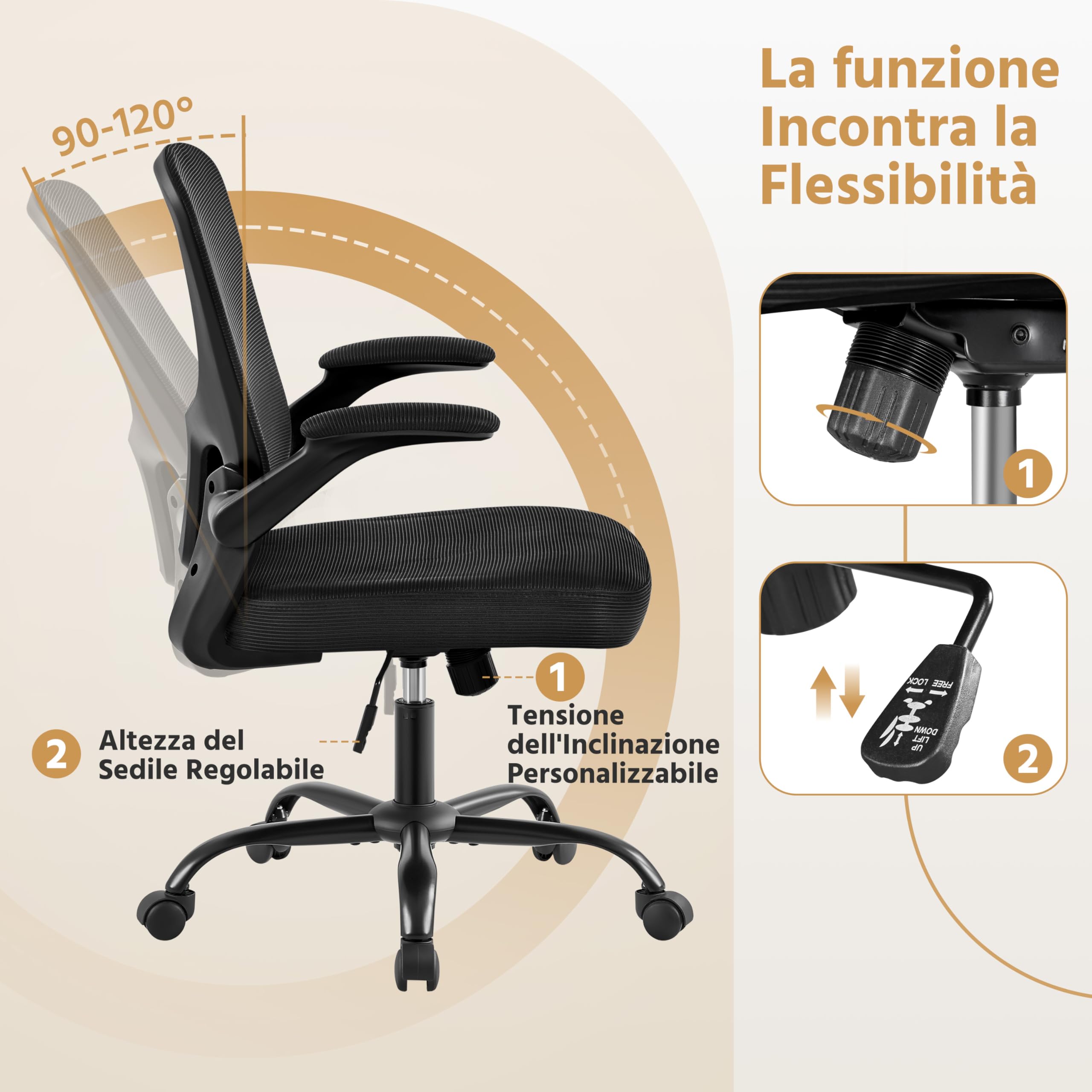 Yaheetech Sedia Ufficio Scrivania Ergonomica con Supporto Lombare Nera | Rete Traspirante Supporto Lombare Braccioli Regolabil Ruote Girevoli Funzione Dondolo Portata 136 KG per Ufficio Camera