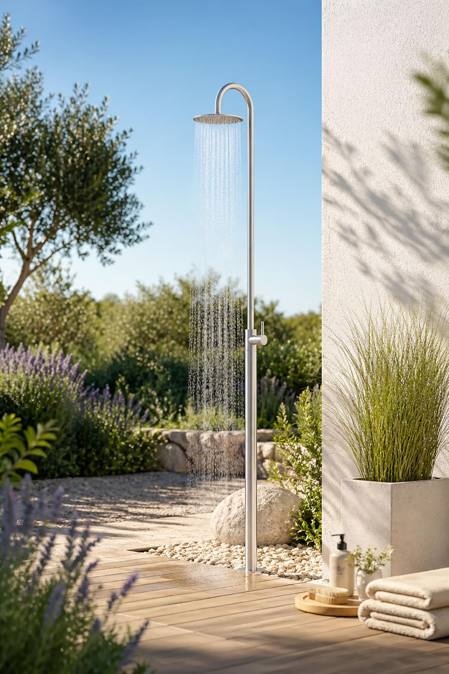 Gartendusche Classic SPRING 229 cm Edelstahl gebürstet Outdoor Dusche mit Regenduschkopf Ø20 cm Pooldusche mit Kaltwasseranschluss inkl. Montagematerial