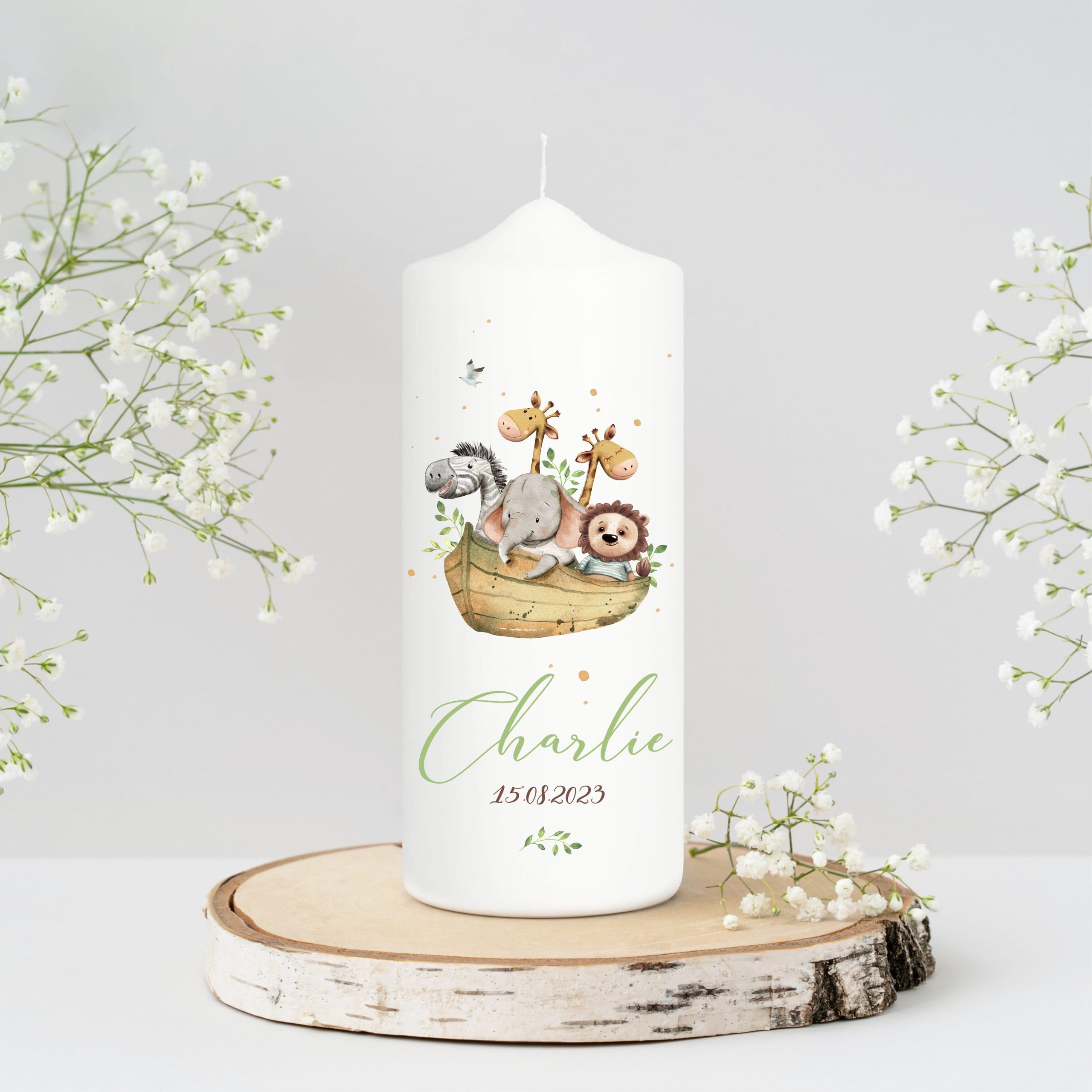 Bougie Baptême personnalisée Fille Garçon motif Arche de Noé et Animaux – Cierge Baptême avec prénom, date et message – Bougie imprimée – cierge personnalisé – 25 x 7 cm