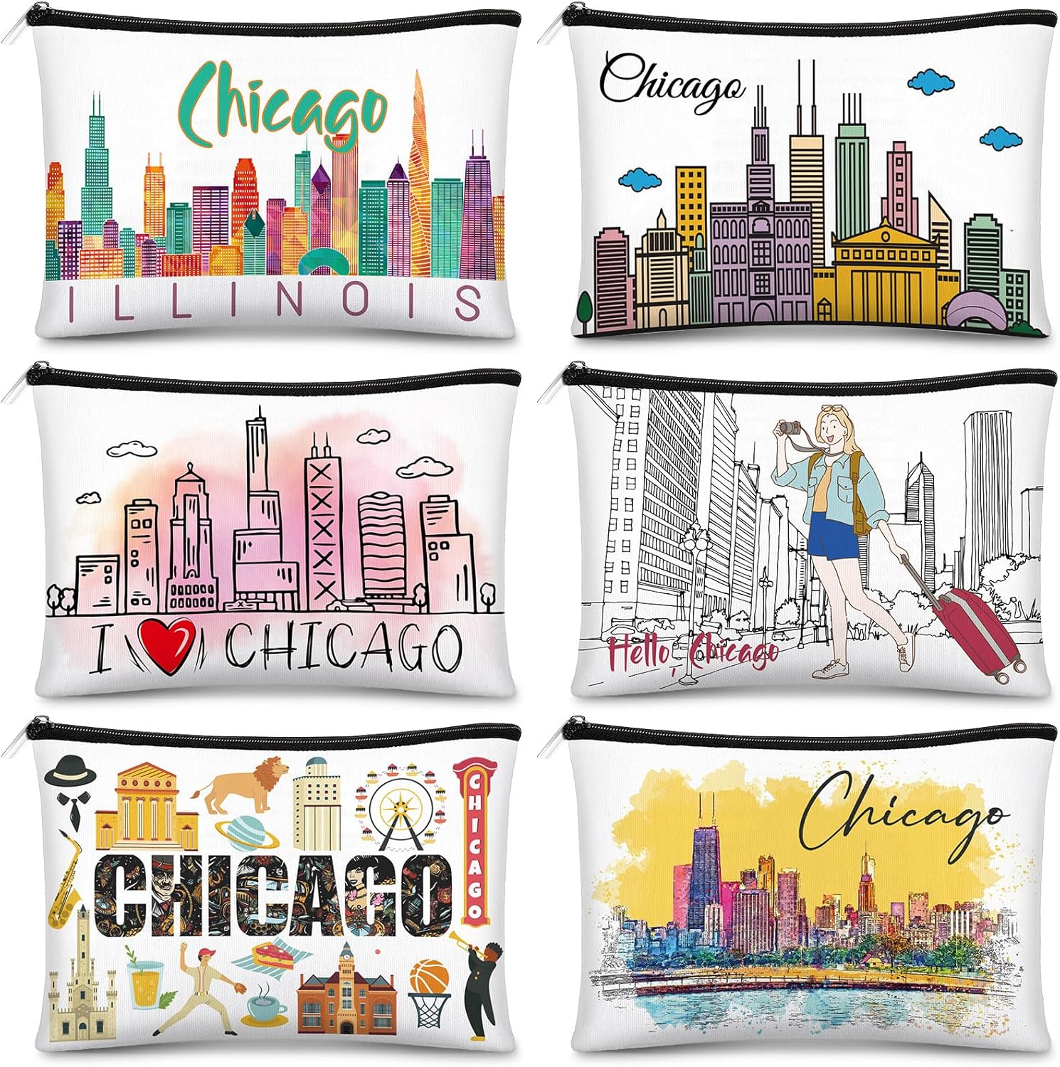 Reginary 6 Pcs City Cosmetic Bag Souvenir Gifts New York Zipper Pouch Chicago Souvenir Seattle Boston Nashville London Paris Italy Alaska Gifts Memento for Women Traveler(Chicago)