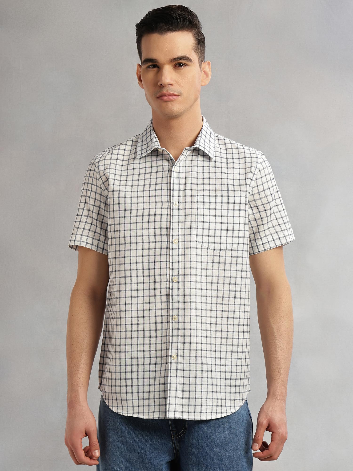 Thomas Scott Camicia da uomo a quadri, mezza manica, vestibilità aderente, misto lino, collo largo, camicia casual