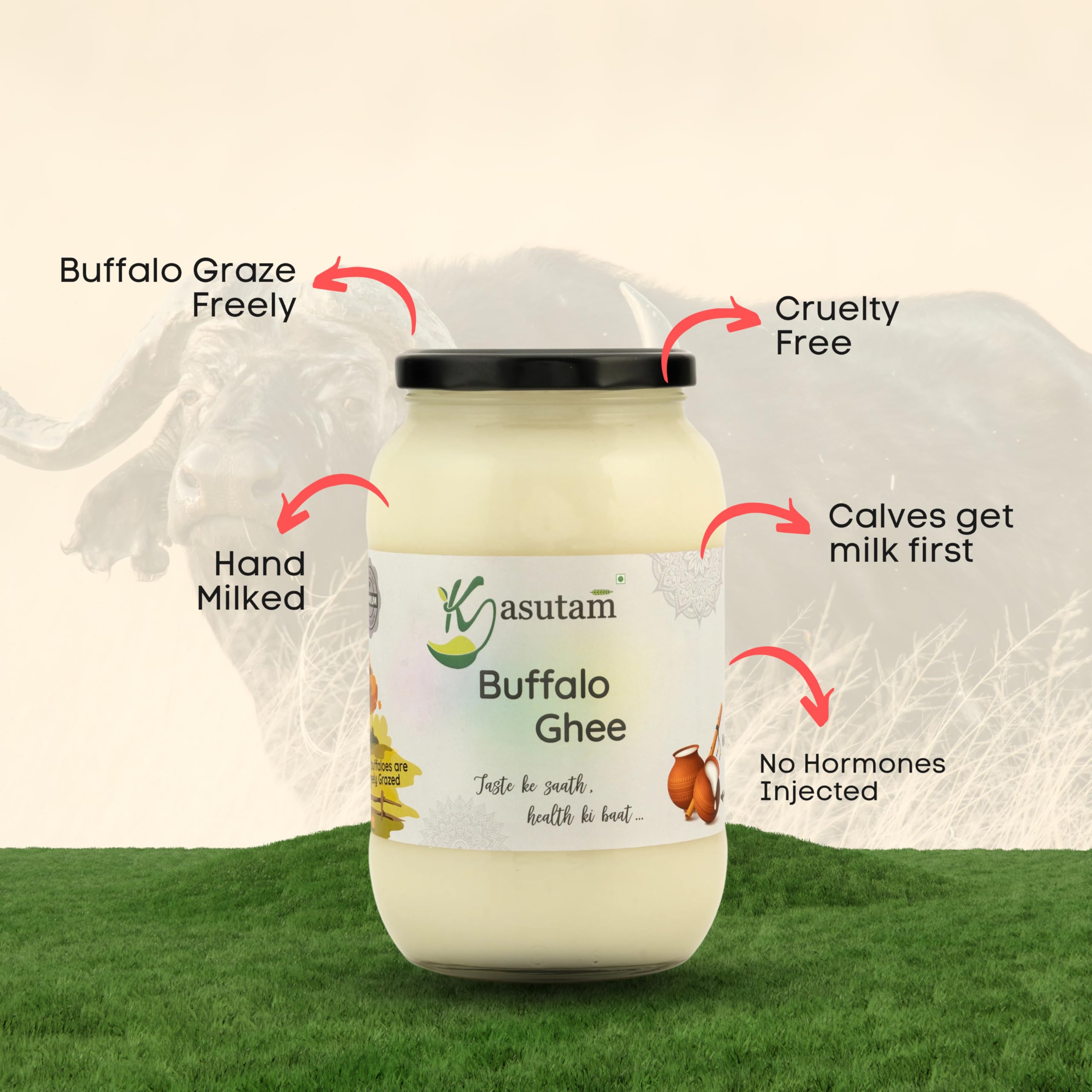 Kasutam A2 Desi Buffalo Bilona Ghee, hergestellt nach traditioneller vedischer Bilona-Methode, hergestellt im Erdtopf und handgebrühtem Grasfutter, Büffelghee, Immunitätsverstärker-Glas, 1000 ml