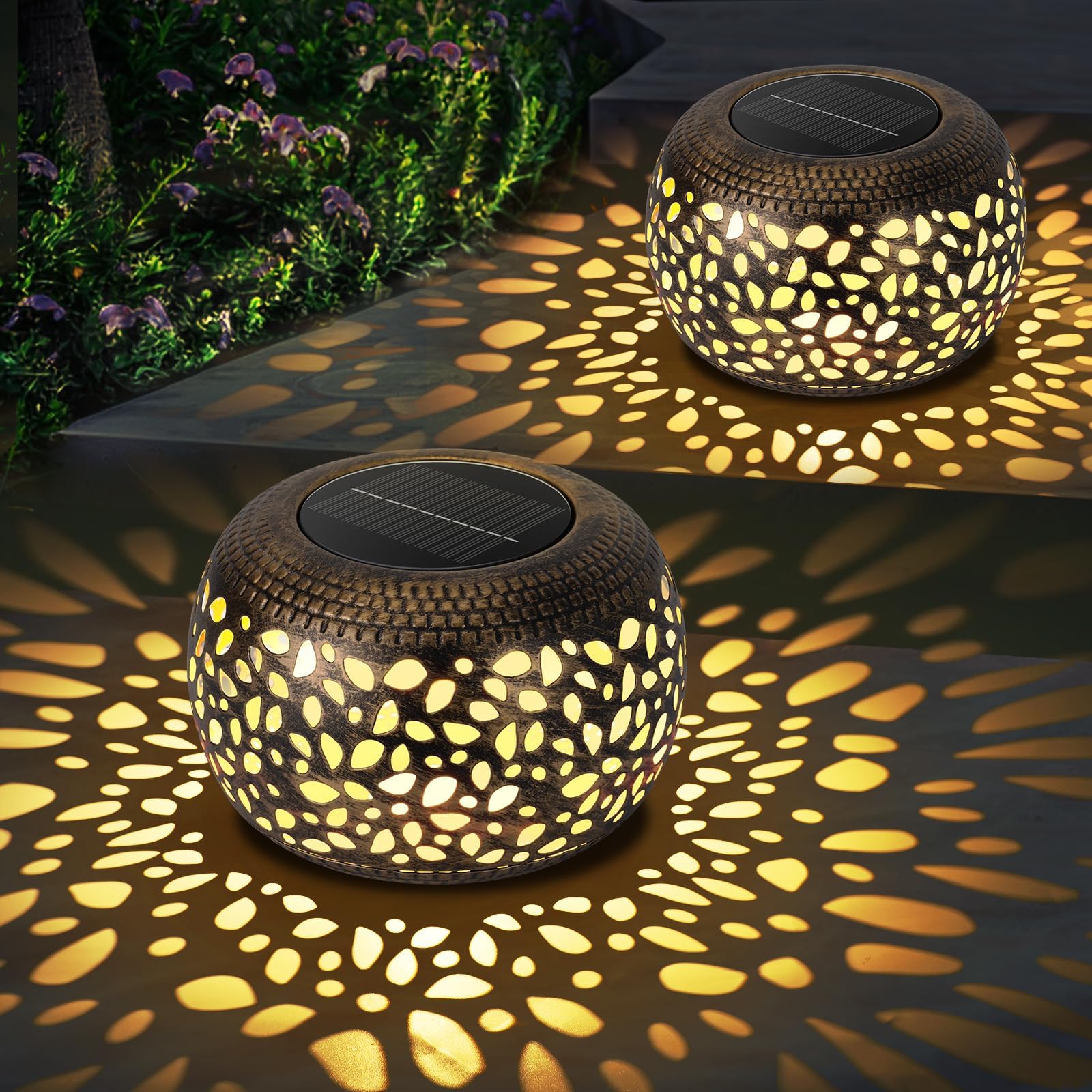 Solar Lanterns Outdoor Garden Decor: 2 Pack Solar Lanterns Outdoor Waterproof Hollow Out Retro Metal Solar Lights, Delicate Yard Patio Pathway Landscape Deck Step Decorative, Warm White & Cool White
