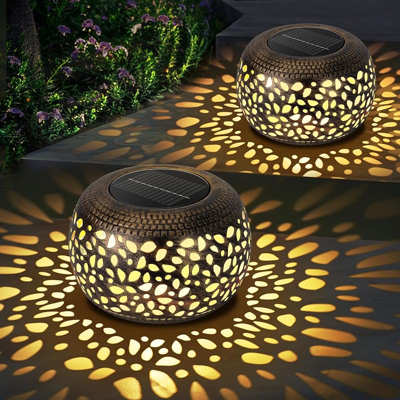 Solar Lanterns Waterproof Outdoor Decor: 2 Pack Hollow Out Solar Lights | Retro Metal Solar Lantern, Unique Gardening Gifts for Mom, Outside Garden Patio Porch Tabletop Decorations, 2 Lighting Colors