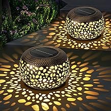 Solar Lanterns Waterproof Outdoor Decor: 2 Pack Hollow Out Retro Metal Solar Lights - Unique Gardening Gifts for Women Mom - Outside Garden Yard Patio Porch Tabletop Decorations 2 Lighting Colors