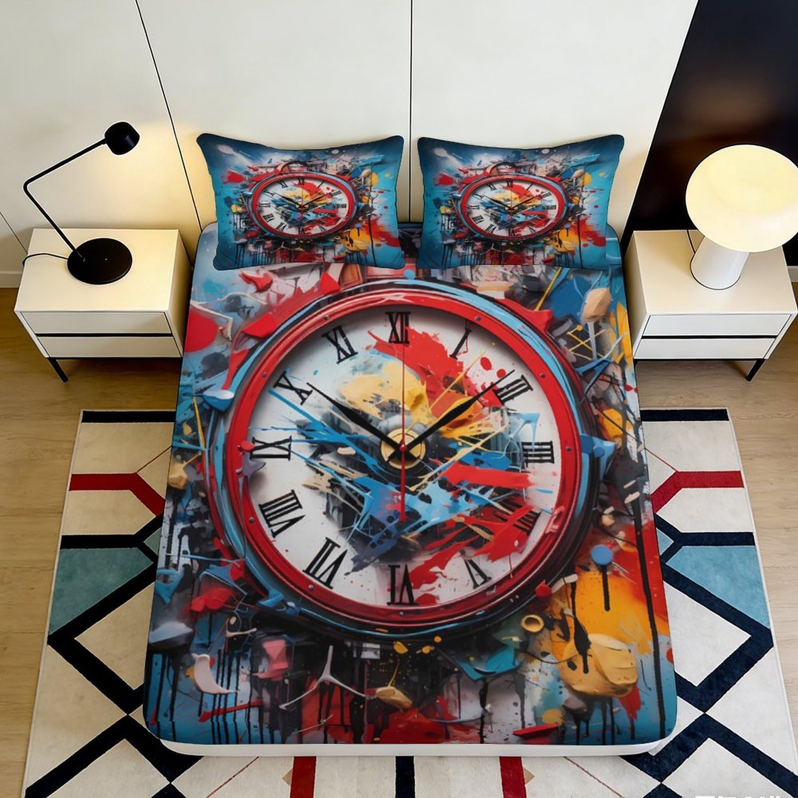 3D Printed Abstract Clock Art Fitted Sheet Microfiber Soft Colorful Graffiti Mattress Cover Bedroom Dorm Decor 200x200x25cm