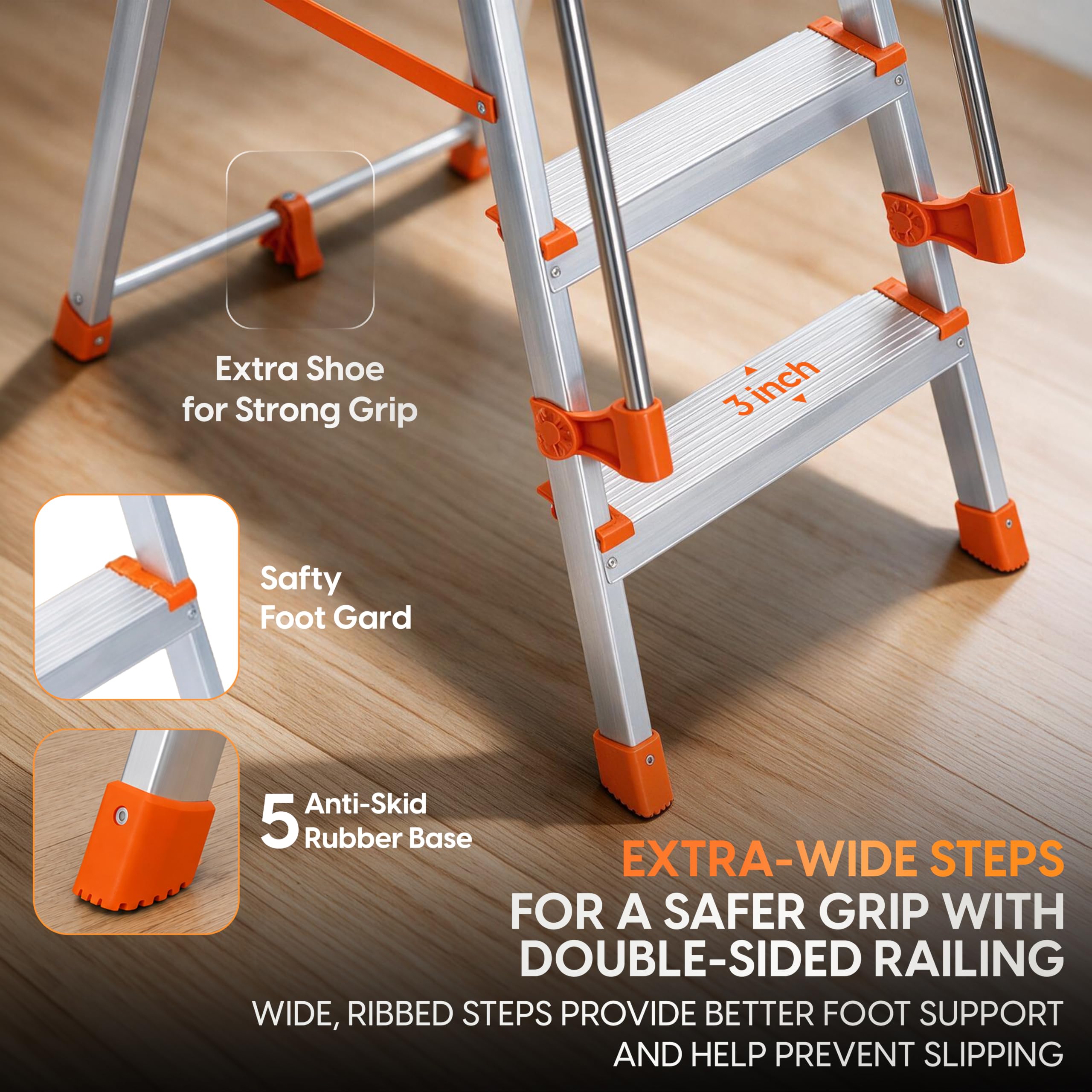 HOUZA Aluminium Ladder for Home 6 Steps Foldable with Railing & Anti-Skid Wide Steps | 6 Step Ladder for Home Use, Kitchen & Household | 250 Kg Load Capacity Folding Ladder | 5 Year Warranty (Orange) — Amazon image 3