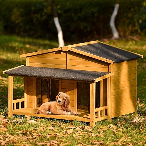 Miniatura 9 de Lifeand Casa de madera para perros de 47.2 pulgadas de largo, jaula para perros al aire libre e interior, estilo cabaña, con porche, 2 puertas,