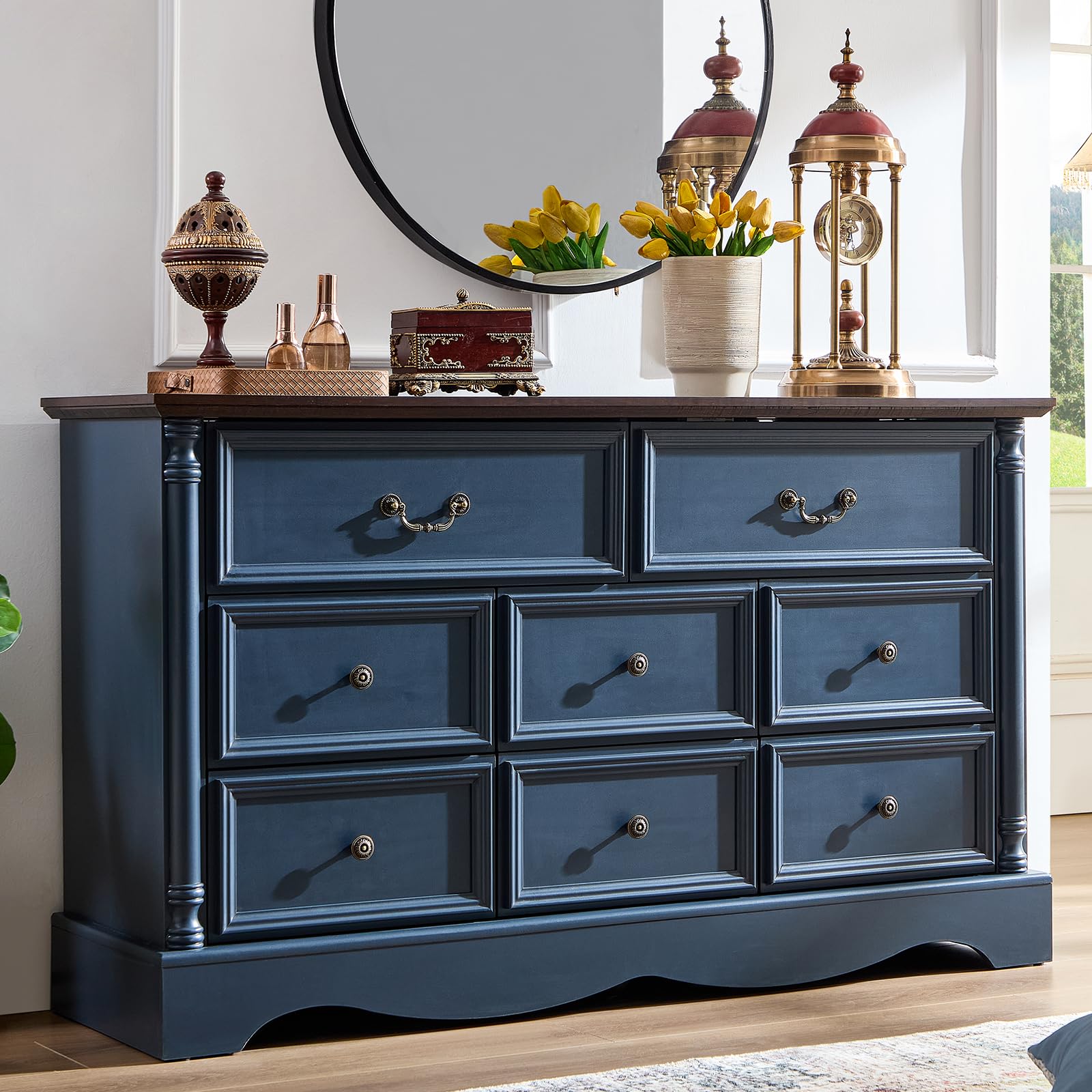 8 Drawers Dresser, 54" Wide Farmhouse Chest of Drawers with Charging Station, Refined Blue Finish Design, Modern Storage Dressers Organizer TV Stand