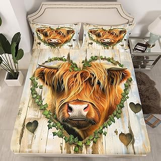 Loussiesd Juego de sábanas para cama individual con diseño de vaca de las tierras altas, para niños y niñas, decoración occidental, decoración de habitación, color marrón claro