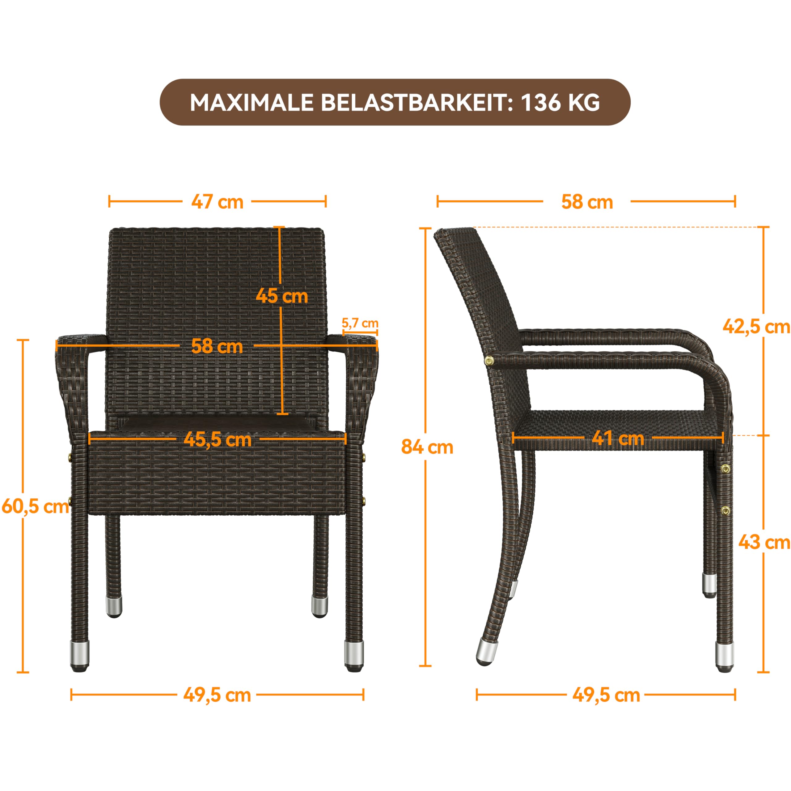 Yaheetech Lot de 2 chaises de Jardin empilables en rotin synthétique avec accoudoirs et Dossier, pour Jardin, Balcon, terrasse, Marron, 58 x 58 x 84 cm