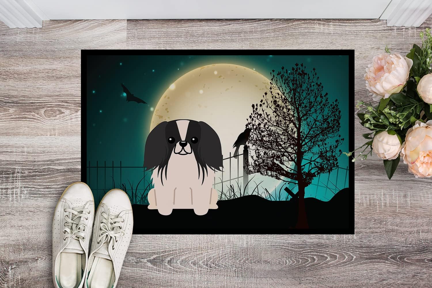 Caroline's Treasures BB2295MAT Halloween Scary Pekingese Black White Doormat 18x27 Front Door Mat Indoor Outdoor Rugs for Entryway, Non Slip Washable Low Pile, 18H X 27W