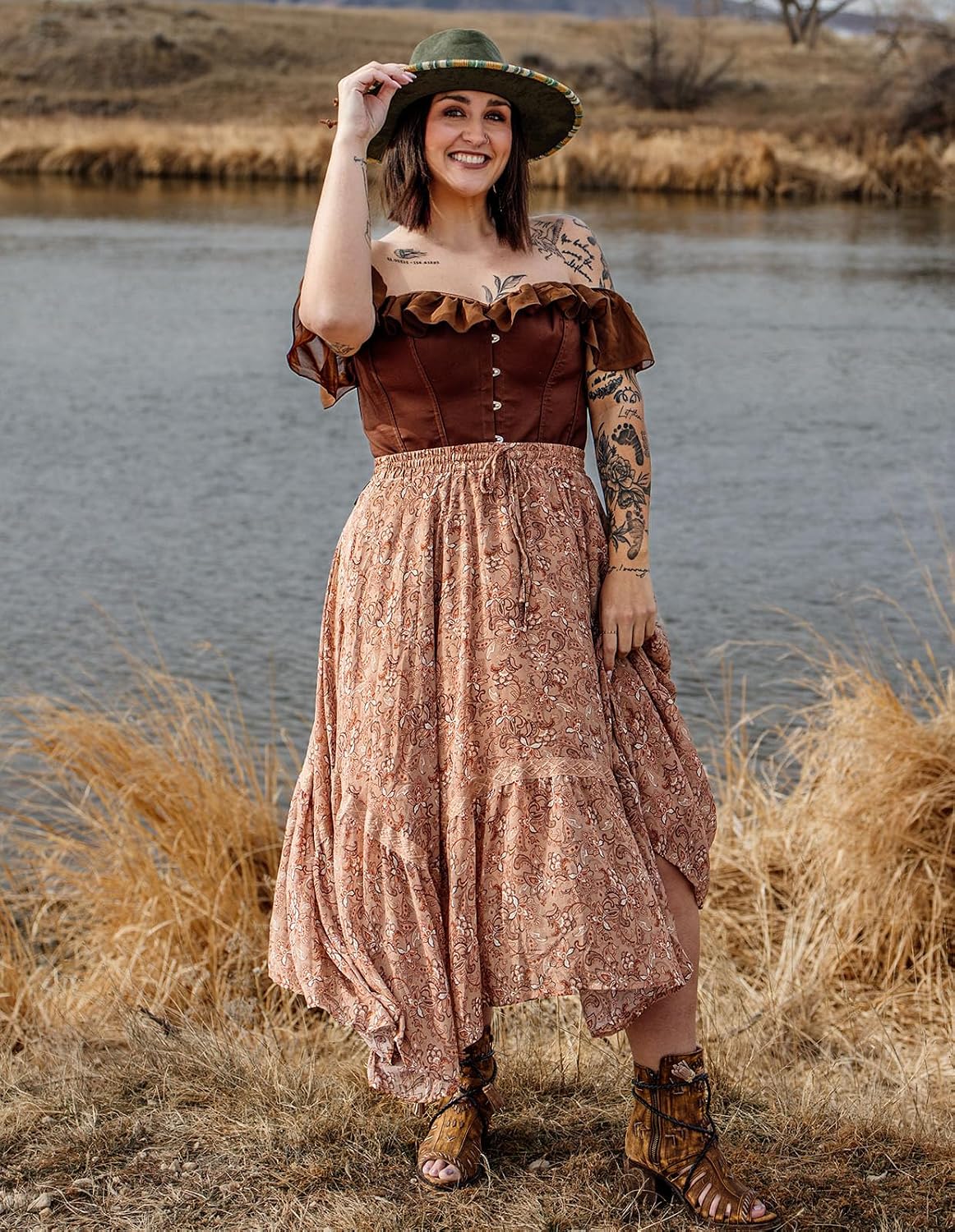 Scarlet Darkness Women's Boho Maxi Skirt Renaissance Skirt A-Line Elastic High Waist Long Skirts with Pockets
