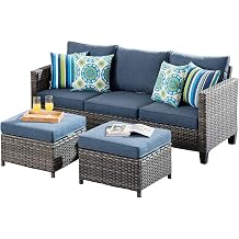 ovios 3 Pieces Patio Furniture Set Outdoor Sofa with Ottomans, Wicker Rattan Couch with Footrests Comfy Cushions, All Weather Sofas Couches for Porch Backyard Garden, Denim Blue