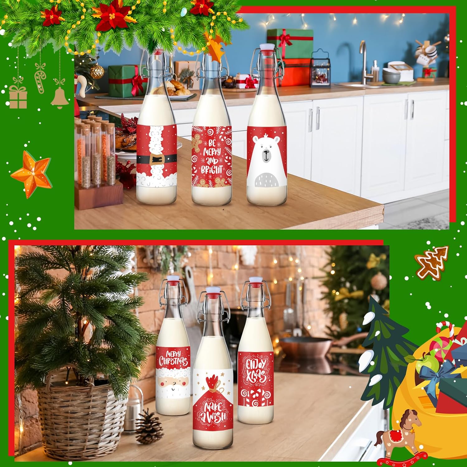 Sieral 6 Set Coquito Bottles 16 oz Christmas Swing Top Glass Bottles Flip Top Brewing Bottle for Vanilla Extract Homemade with Christmas red Label Stickers Home Brewing Coquito Beverages Liqueur