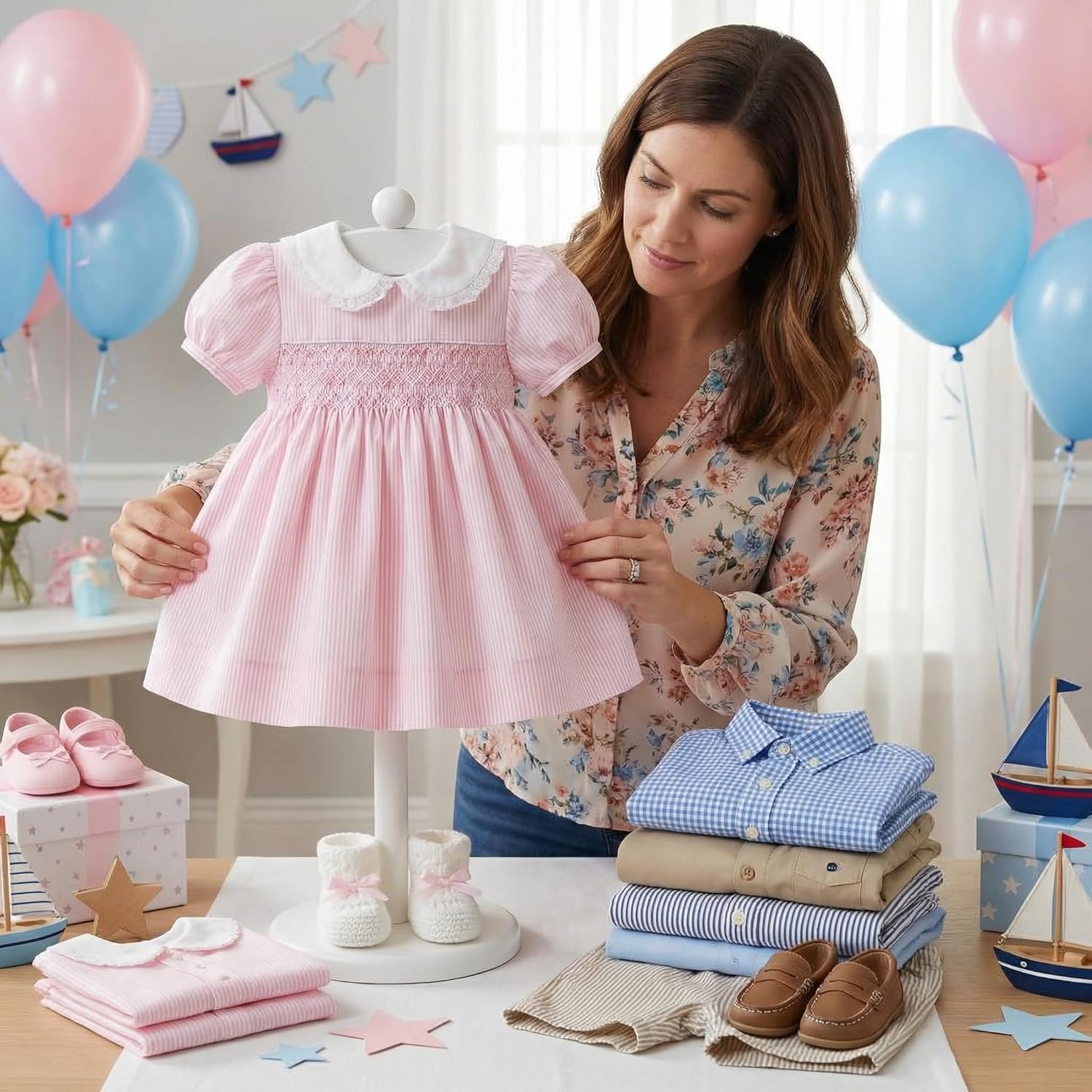 Bucherry 2 Pack Baby Clothes Display Stand Wooden Baby Shower Centerpiece Adjustable Height Circle Shaped Dress Hanger Doll Dress Outfit Stand Rack Hand Assembled Hangers Display Set (White Color)