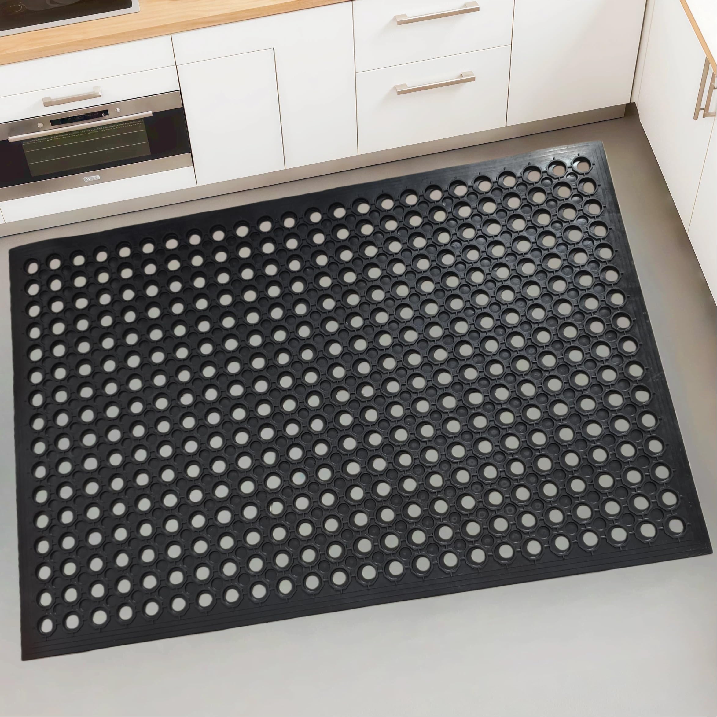 Strapazierfähige Gummimatte mit rundem Loch-Design, rutschfeste, wasserdichte Matte für den Innen- und Außenbereich, ideal für Küche, Werkstatt, Terrasse und Eingangsbereich, Schwarz, 50 x 80