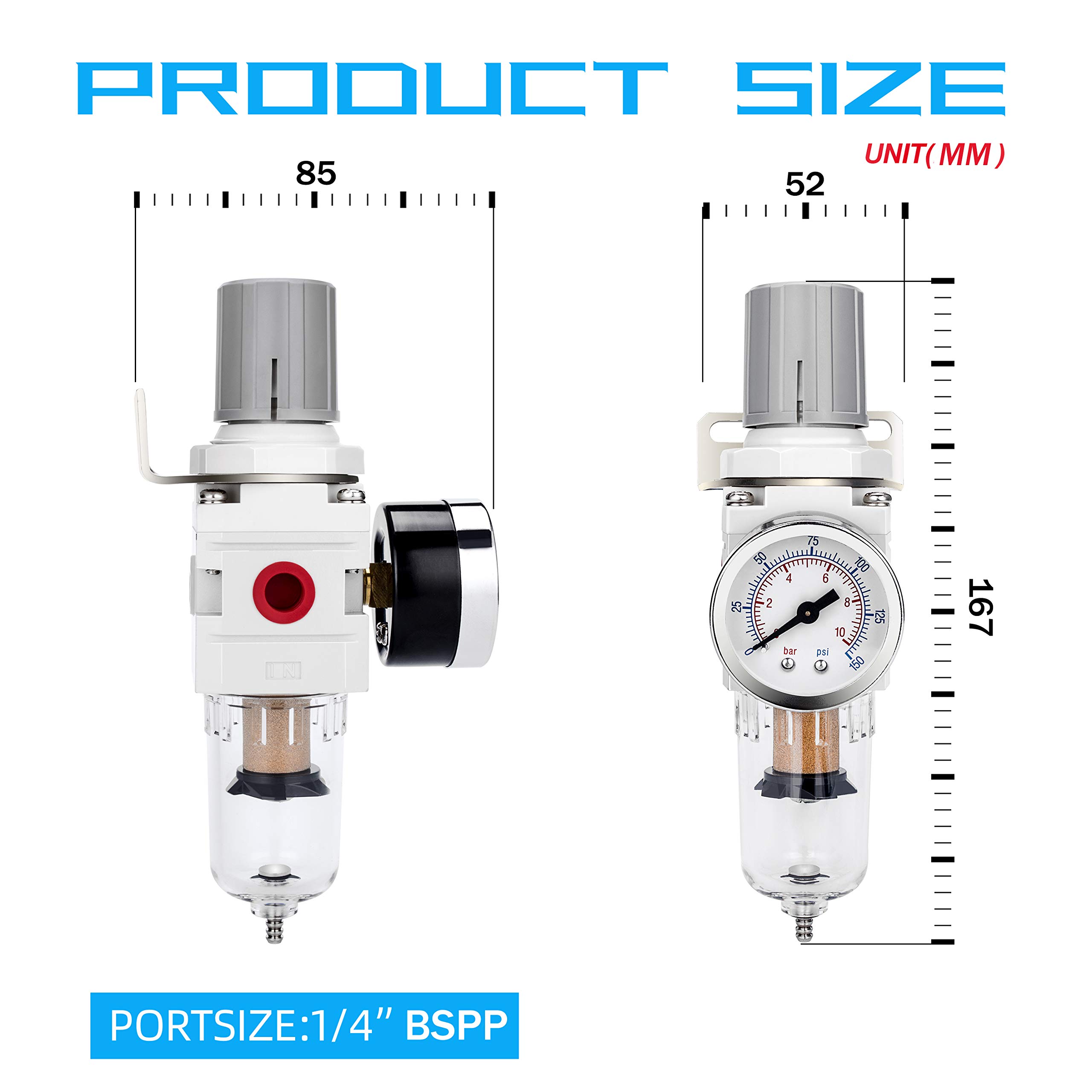 NANPU 1/4" BSP Filtro Regulador de Aire, Separador de Agua y Reductor de Presión, Elemento de Latón de 5 μm, Recipiente de Polietileno, Drenaje Semiautomático, Soporte de Metal, Manómetro de 0-10 Bar