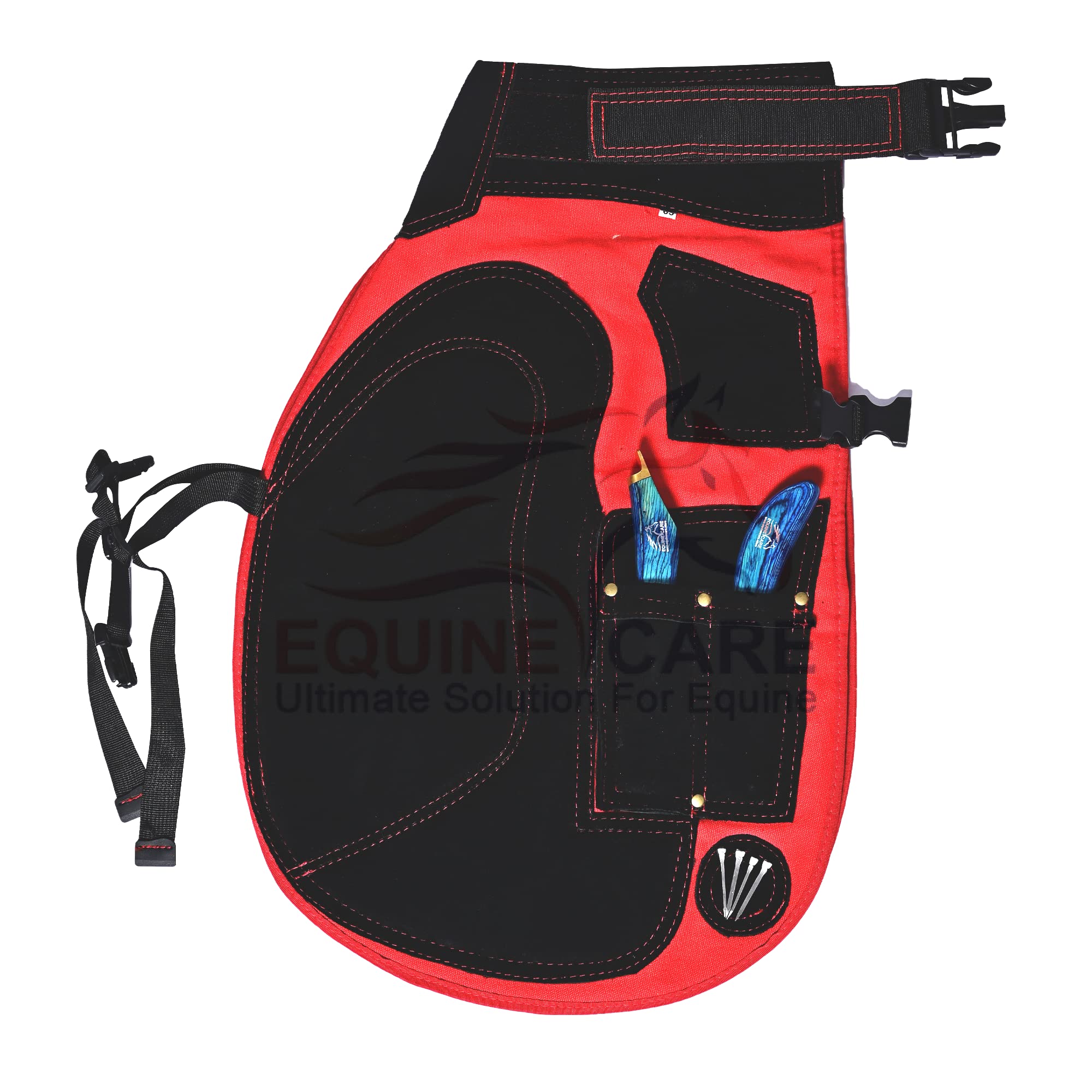 Equine Care Delantal resistente de 68,5 cm de longitud, piel de vacuno y lona, parte trasera de malla de aire, soporte trasero, 4 bolsillos para cuchillos de pezuña, 2 imanes de uñas, equipo de