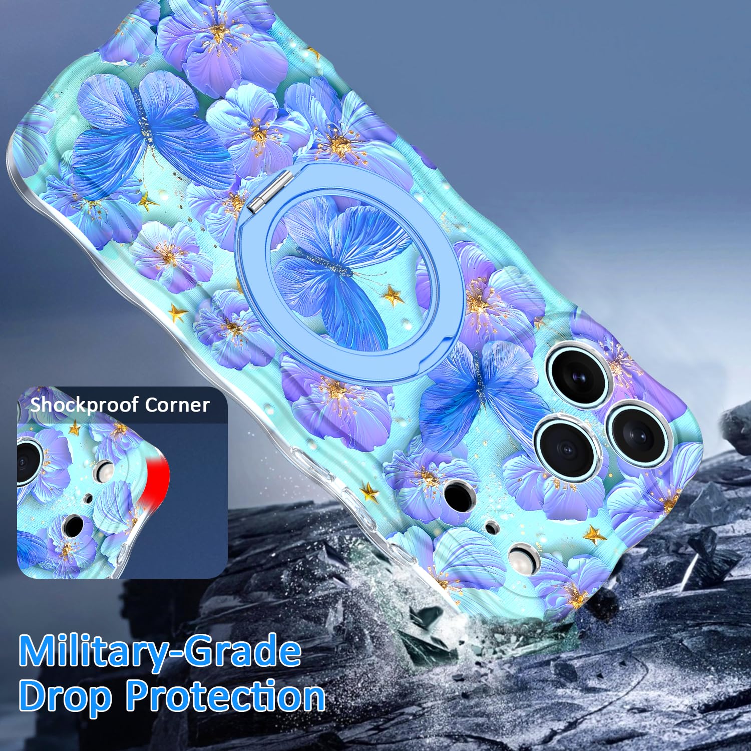 Custodia protettiva per iPhone 17 Pro Max, compatibile con MagSafe, cavalletto girevole a 360°, graziosa onda riccia, pittura colorata, resistente, custodia protettiva per iPhone 17 Pro Max