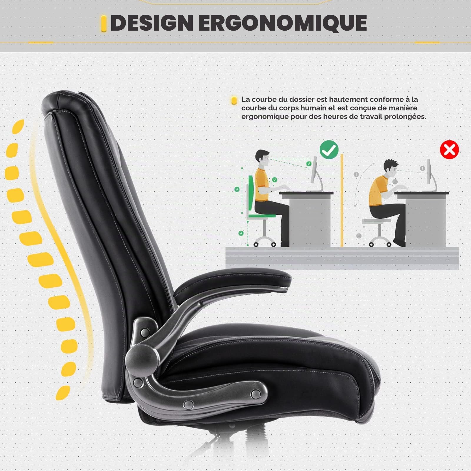 COLAMY Chaise de Bureau XXL [181 kg] – Fauteuil de Bureau à Dossier Haut avec accoudoirs réglables et mécanisme synchrone – Siège Extra Large (58 cm) – Cuir synthétique Respirant – pour Le Bureau à