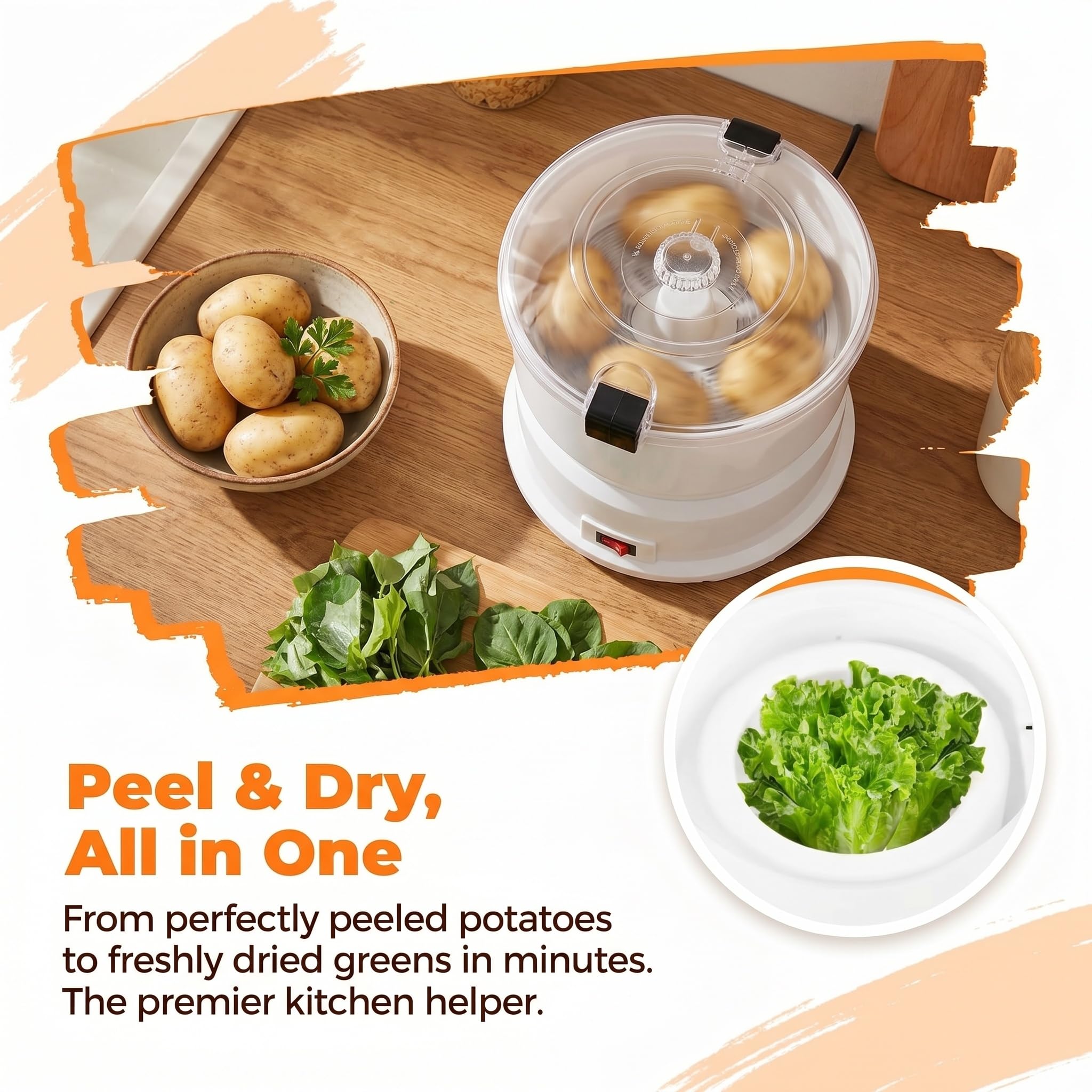 Pelapatate Elettrico Automatico E Essiccatore per Verdure, Macchina 2 in 1 per Pelare Le Patate Senza Sforzo E Asciugare Rapidamente Le Verdure