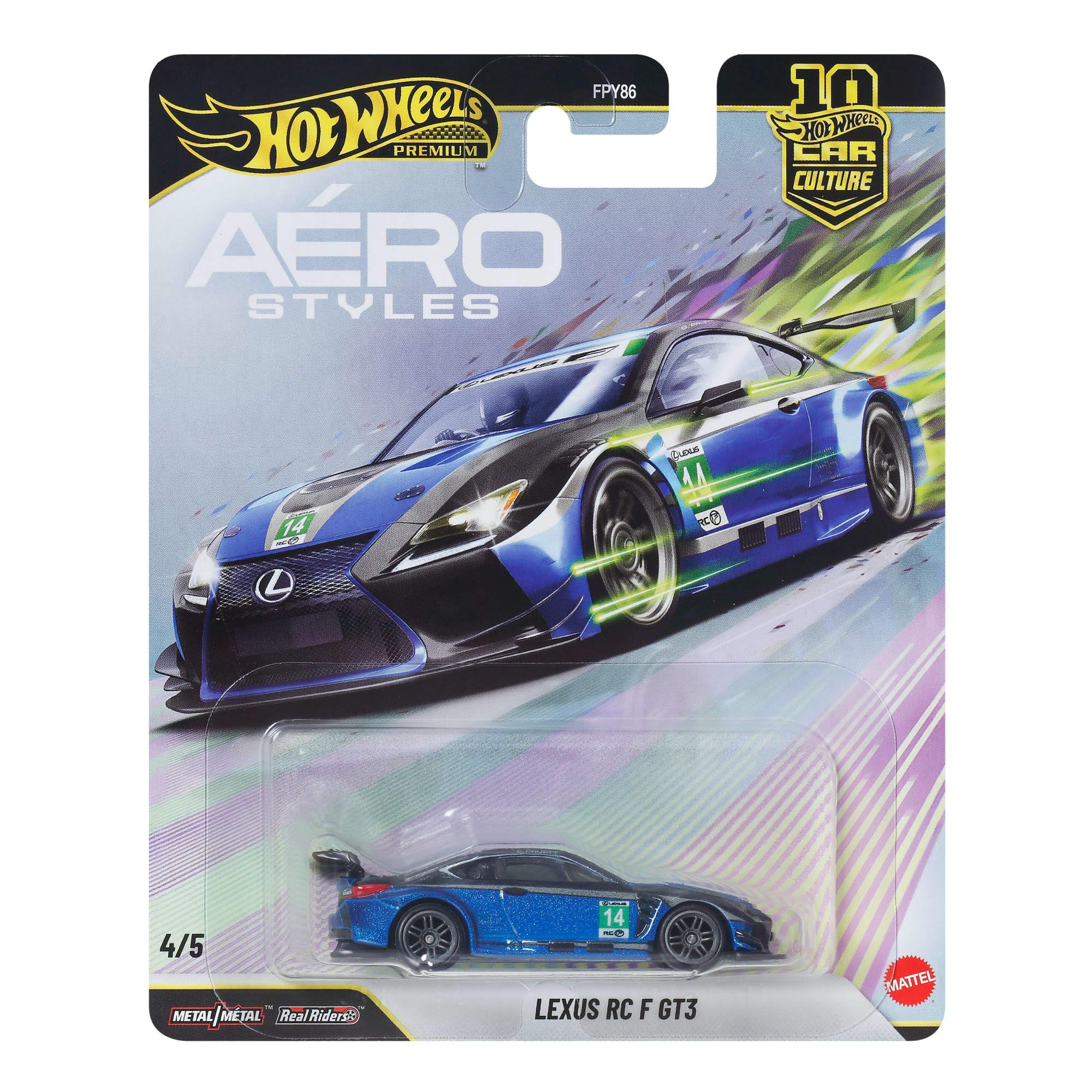 Hot Wheels Car Culture Premium 1:64 Scale Die-Cast Toy Lexus RC F GT3 with Real Riders Tires & Metal/Metal Body & Chassis, Aerostyles Mix, JKF35