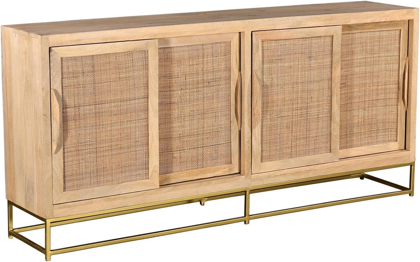 Crestview Collection CVFNR706 Bengal Manor Light Mango Wood 4 Sliding Door Natural Cane Sideboard Furniture,68 x 14 x 32