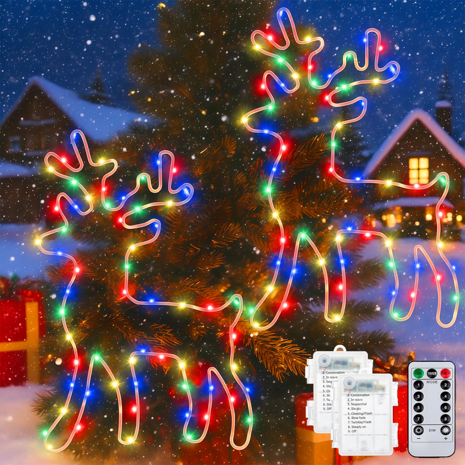 Christmas Window Reindeer Light, 2 Pack 120 LED Christmas Lights with Timer - 8 Modes Battery Powered Coloured Xmas Window Lights for Party Indoor Outdoor Room Garden