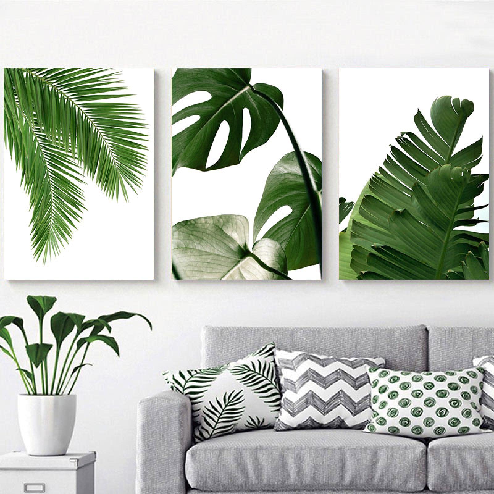 Hojas tropicales verdes Cuadro sobre lienzo para pared Plantas Carteles nórdicos e impresiones Cuadros de pared para decoración para sala de estar 30x50cm (12x20in) x3 Marco interior