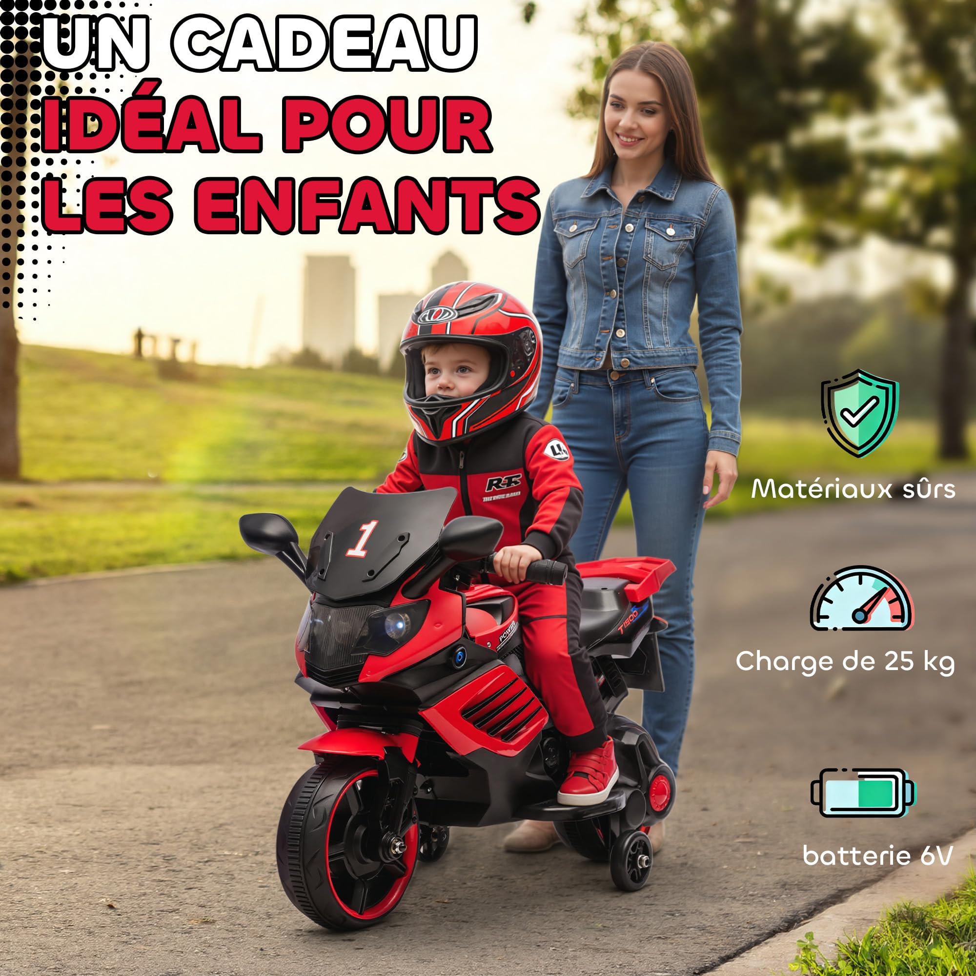 AIYAPLAY Moto Électrique Enfants 6 V, Voiture Électrique Enfants avec Roues d'Entraînement Amovibles, Effets Lumineux et Sonores, Vitesse Max. 2,5 km/h, pour 18-36 Mois, Charge Max. 25 kg, Rouge
