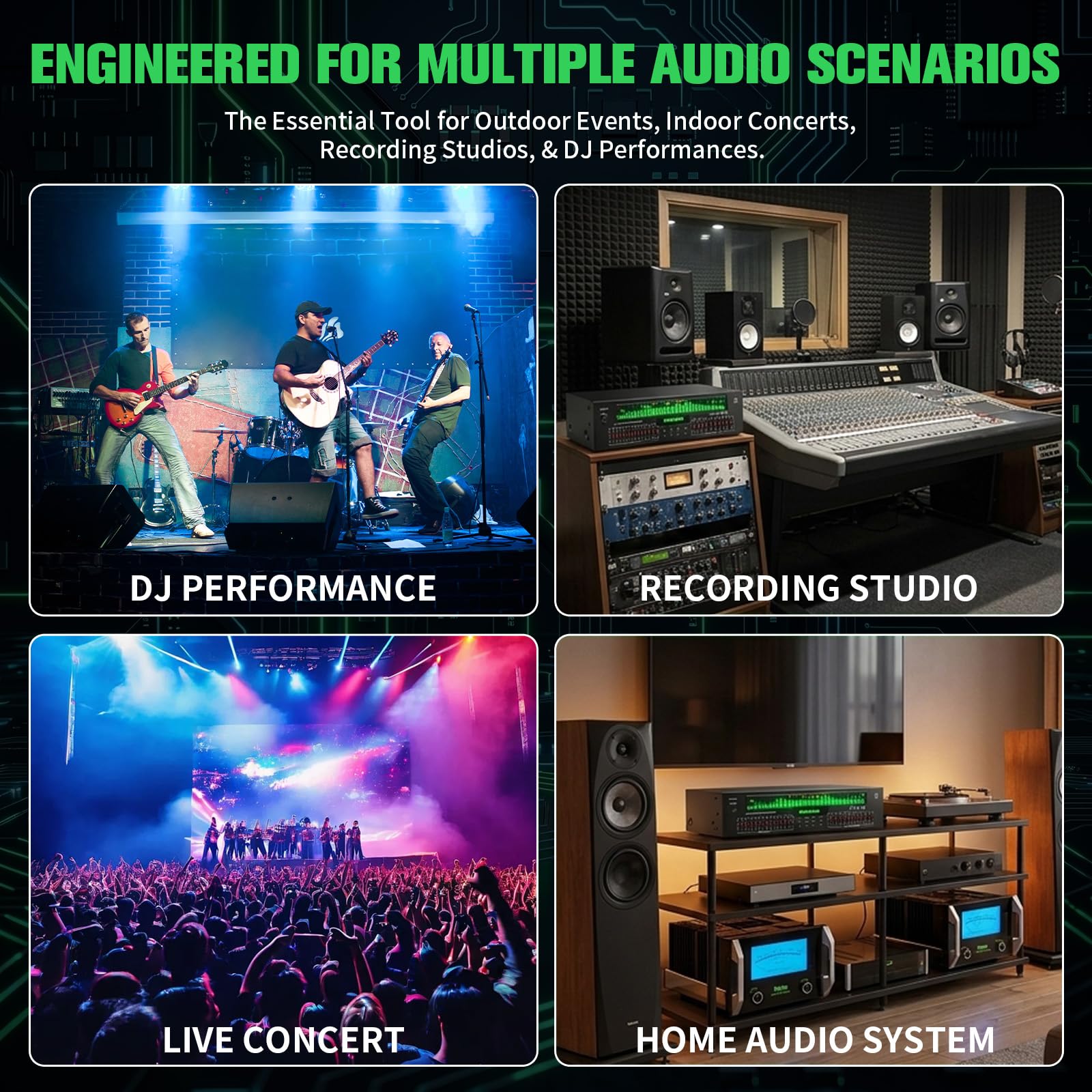 31 Band Digitaler Equalizer, Stereo Graphic Equalizer mit 12 visuellen Rhythmus-Modi, Soundprozessor mit Bluetooth, USB, Optischem/Koaxialem Eingang für Aufnahmestudio Musikdarbietung