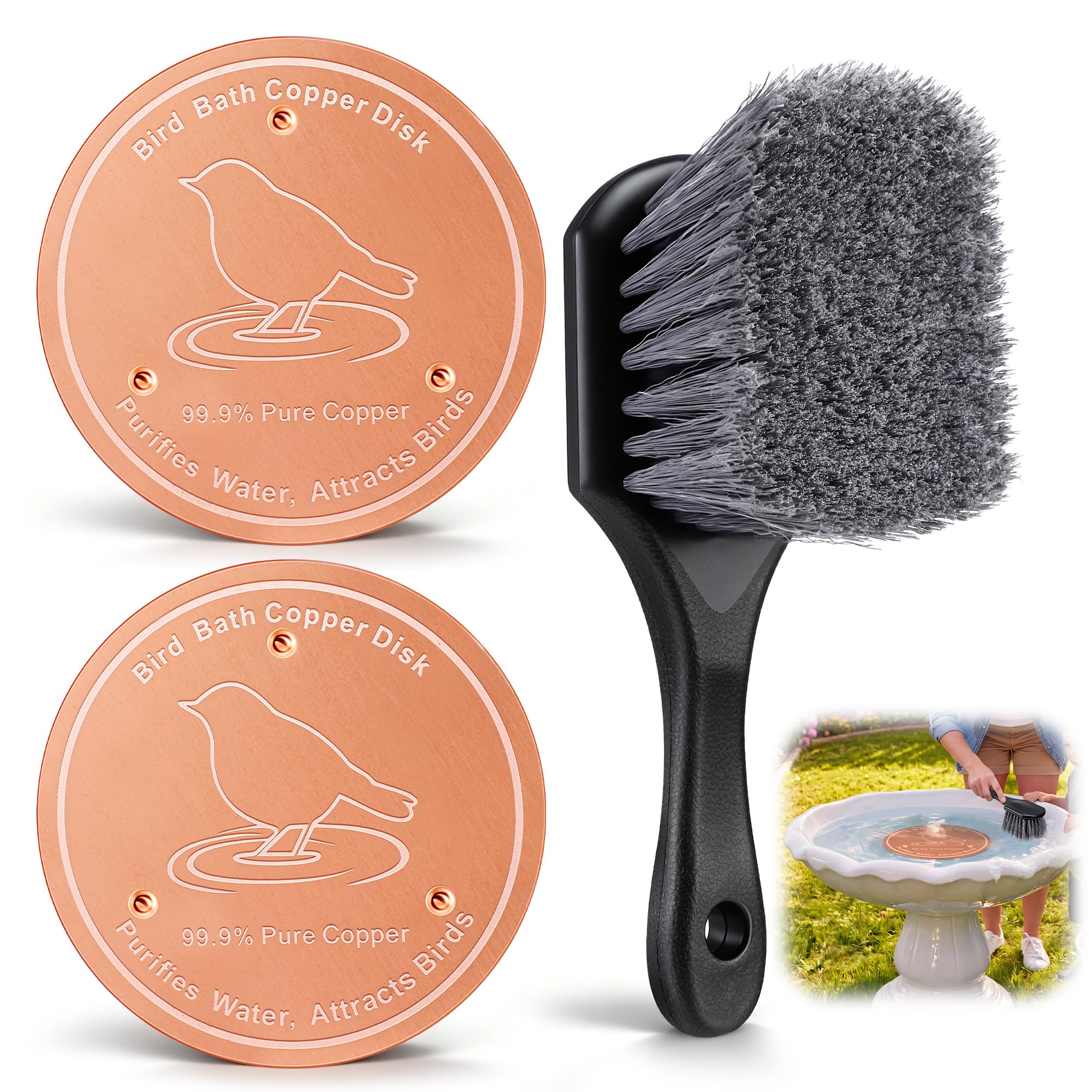 Bird Bath Copper Disk &amp; Brush Set, 2 Pack 0.6mm Thick 99.99% Pure Copper Discs with Ergonomic Bird Bath Brush, Birdbath Cleaning Kit Keeps Water Fresh for Birdbaths, Feeder, Fountains