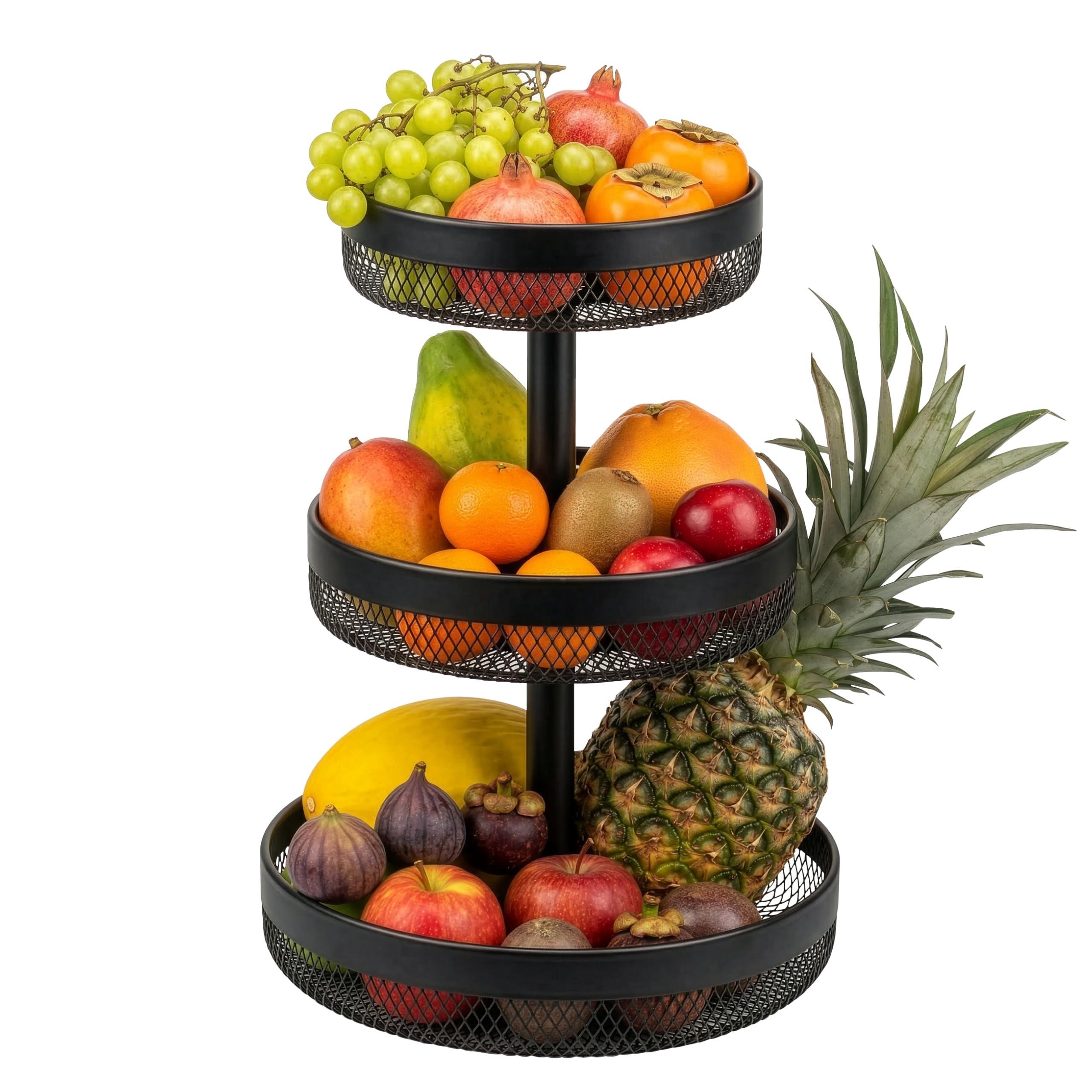 eluno 3-stöckige runde Obstetagere/Brotkorb, Körbe mit einem Ø von 20 cm, 25 cm und 30 cm, Obstschale, Obstkorb, viel Platz für Obst, Gemüse, Brot und Snacks in Küche und Wohnzimmer, aus Metall