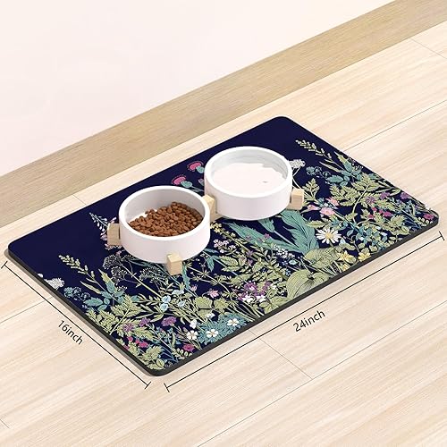 Miniatura 2 de Rnivvi Tapete de comida para perros, tapete de 16 x 24 pulgadas con temática de flores para alimentos y agua, tapete absorbente para proteger los